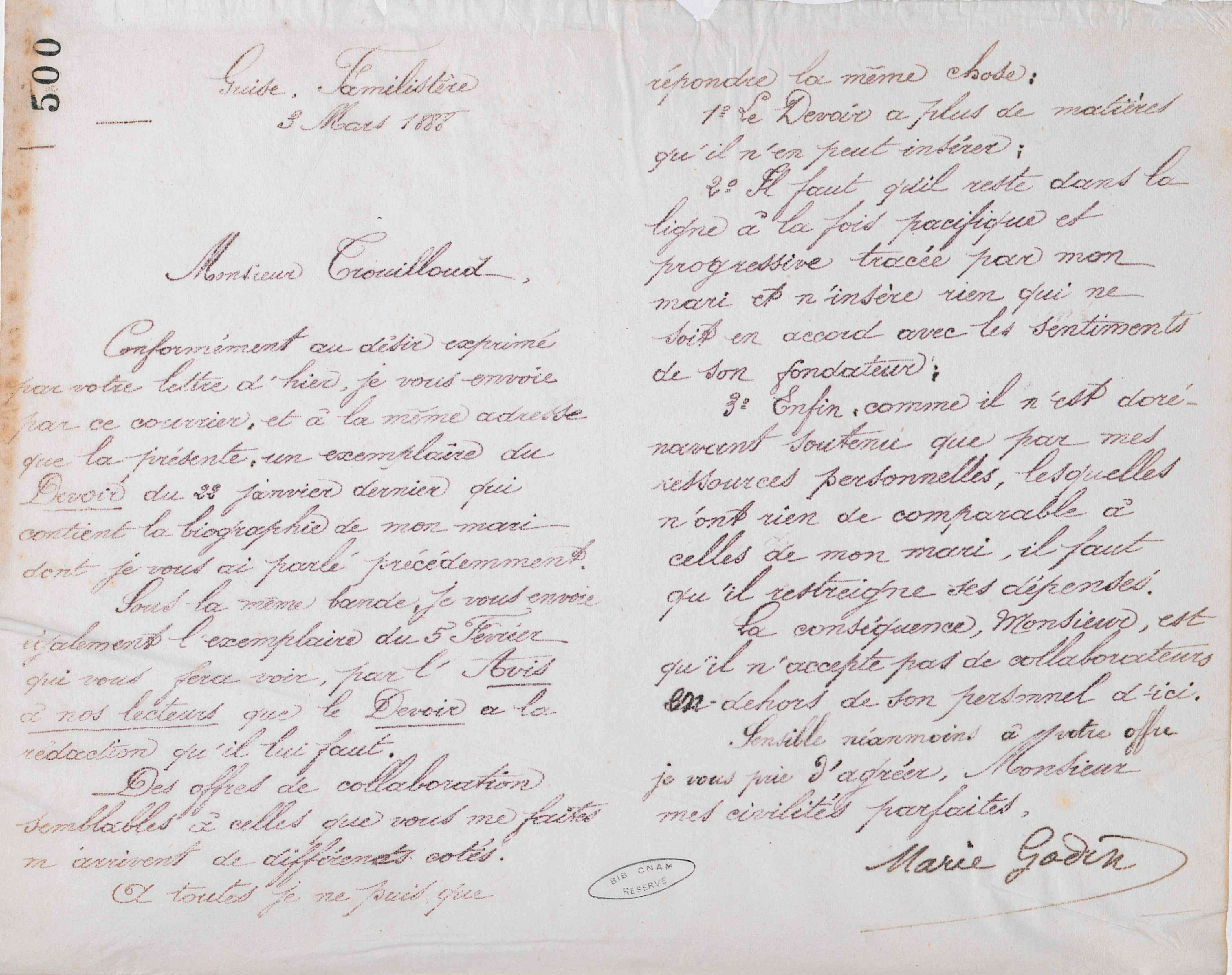 Marie Moret à monsieur Trouilloud, 3 mars 1888