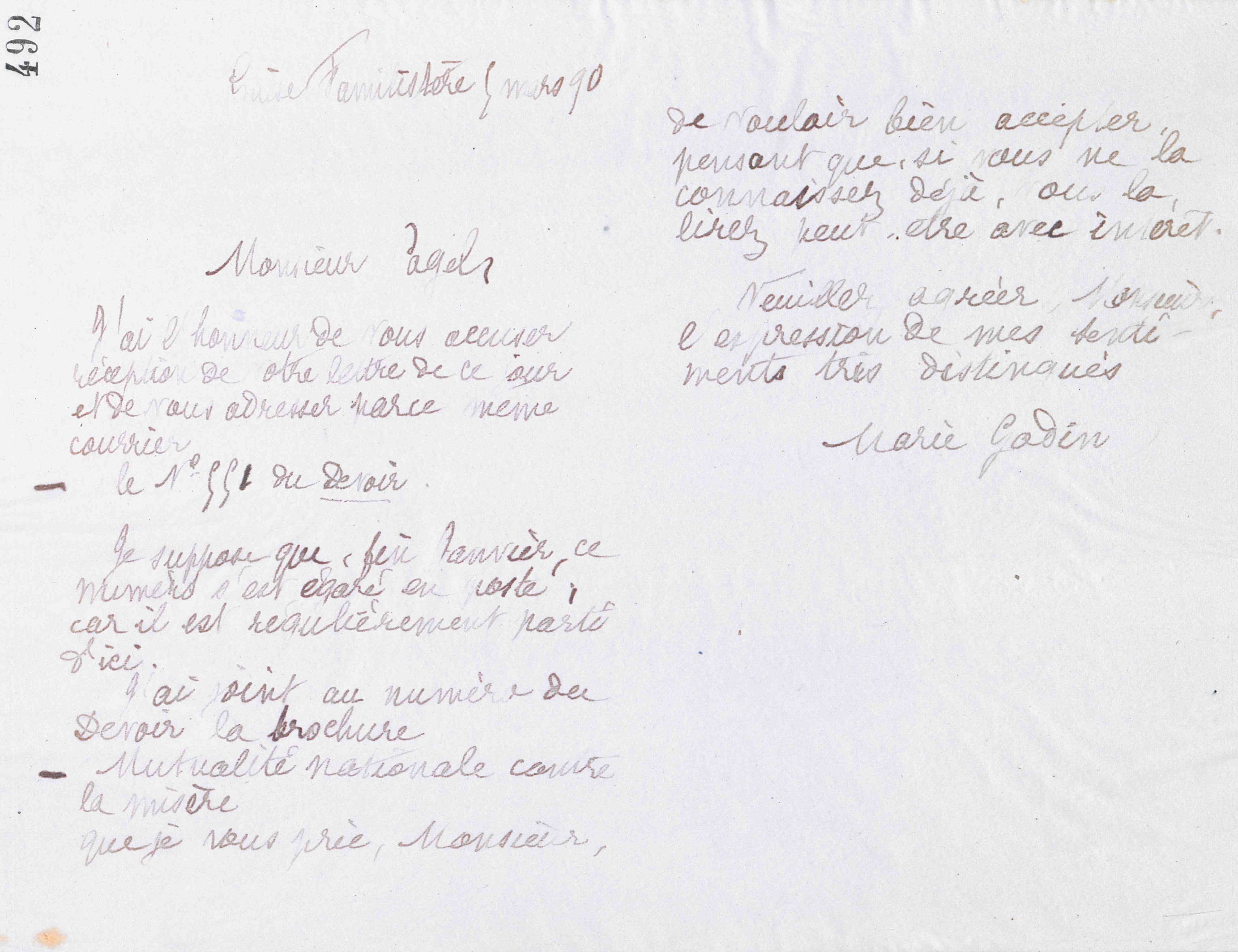 Marie Moret à monsieur Pagel, 5 mars 1890 Marie Moret à monsieur Pagel, 5 mars 1890
