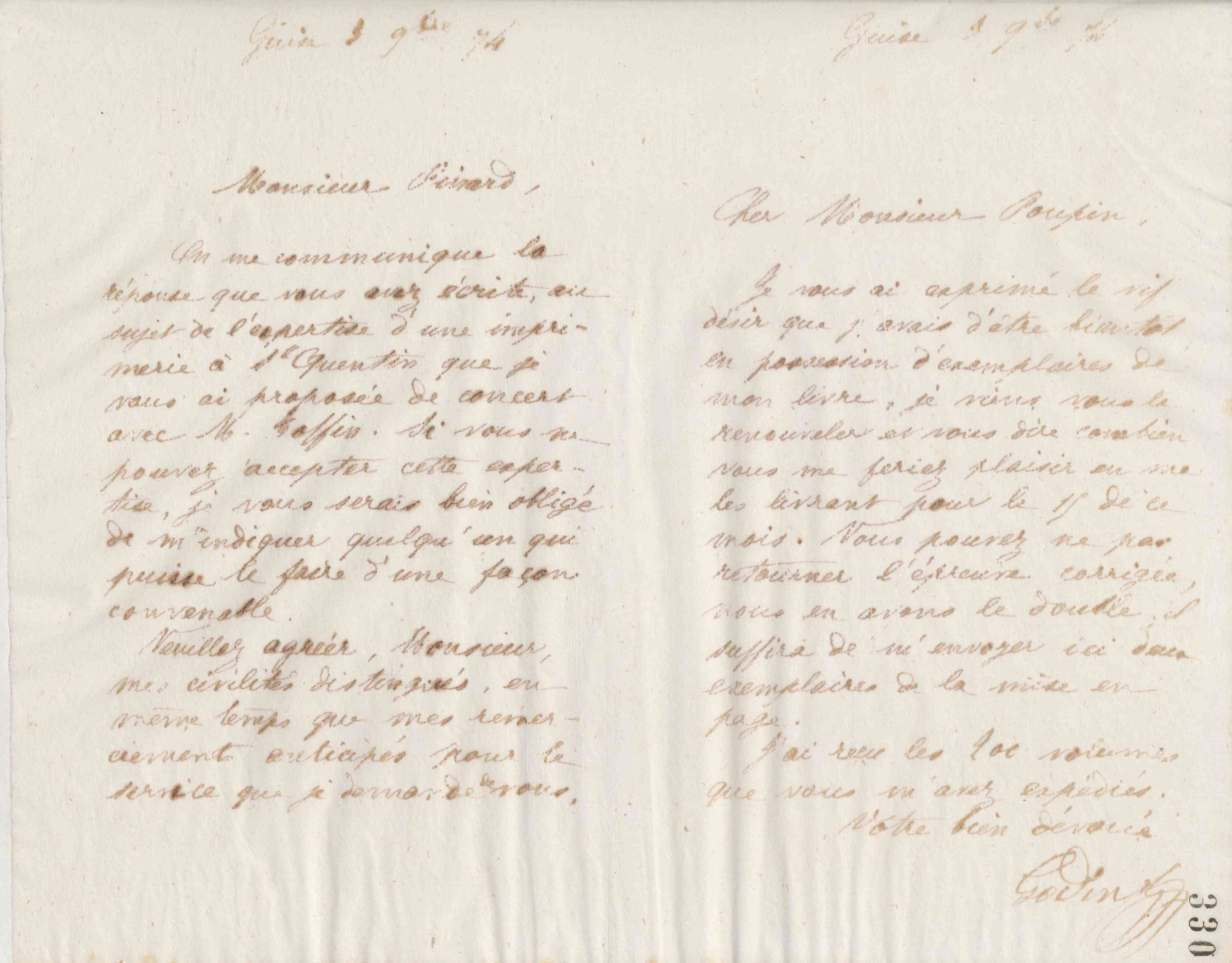 Jean-Baptiste André Godin à monsieur Pinart, 3 novembre 1874
