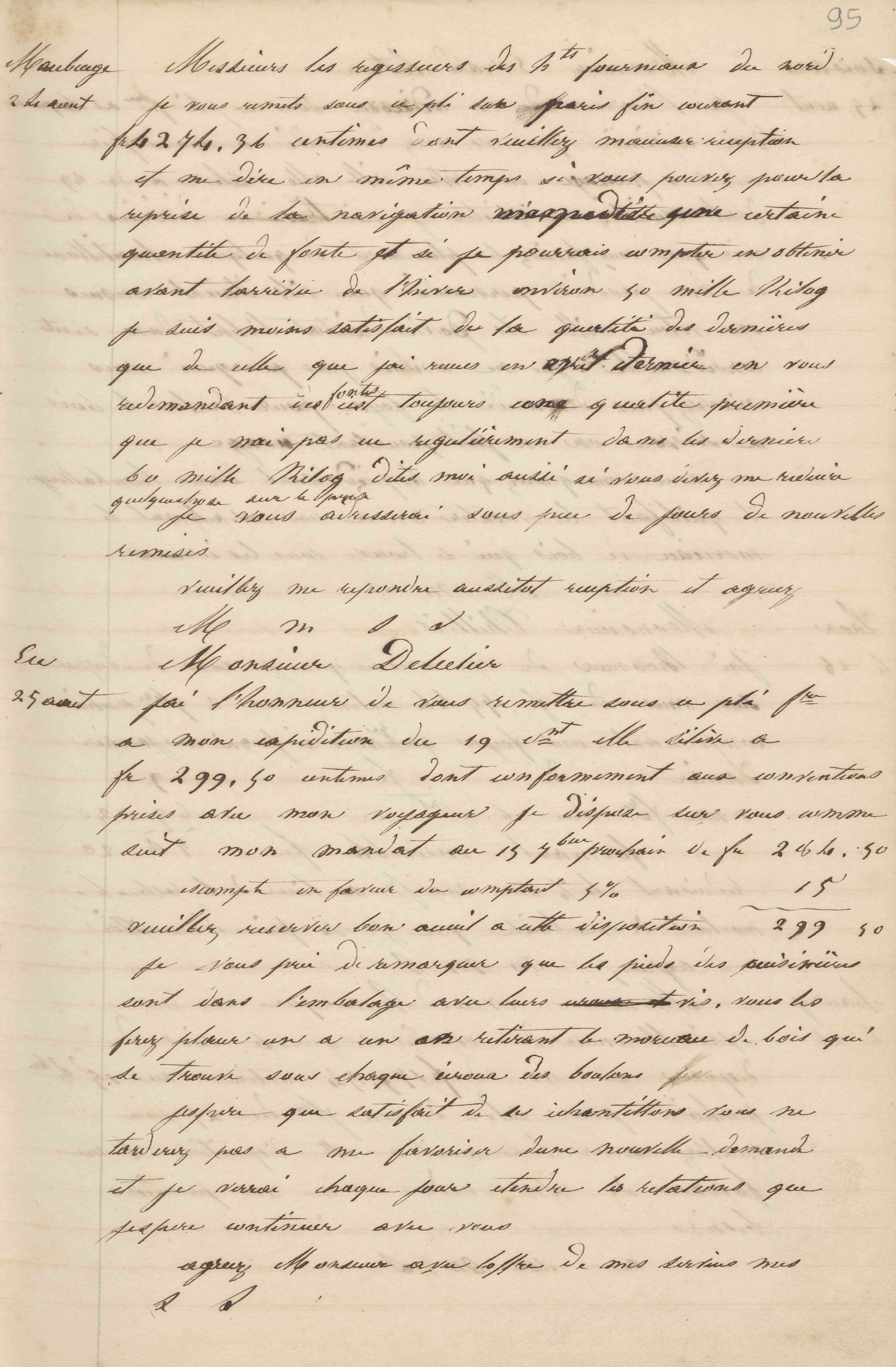 Jean-Baptiste André Godin à monsieur Delulier, 25 août 1847