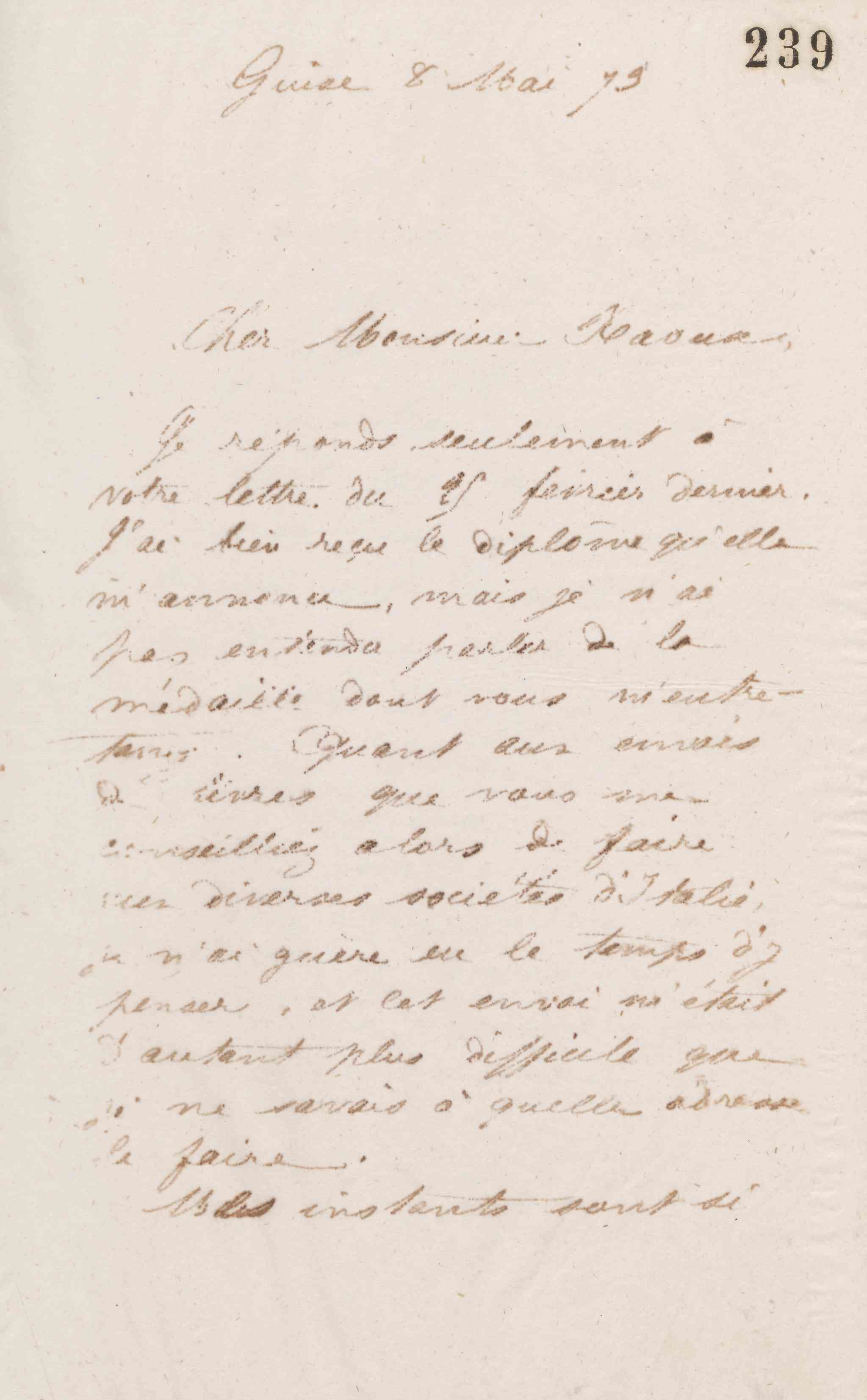Jean-Baptiste André Godin à Édouard Raoux, 8 mai 1873