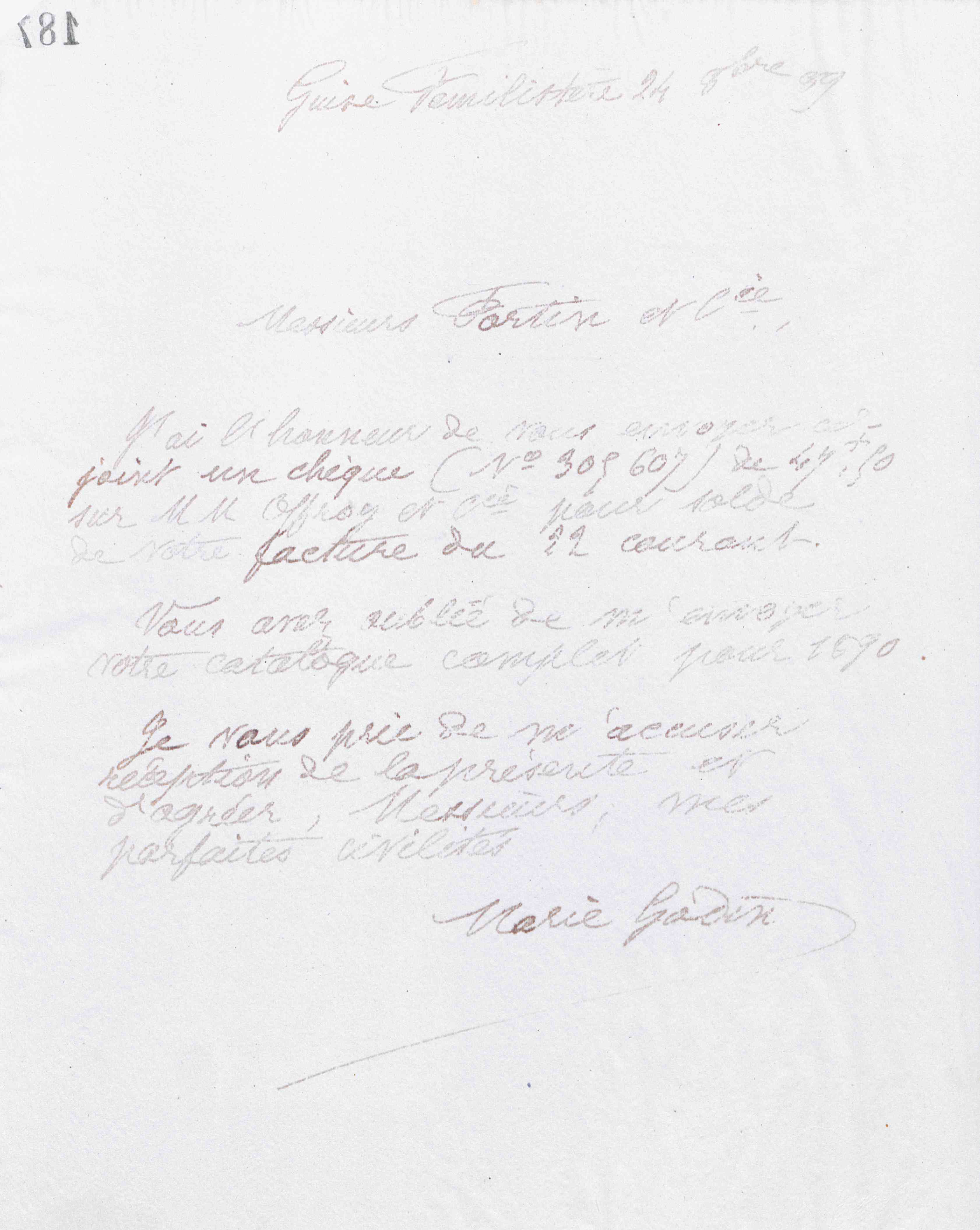 Marie Moret à Fortin et Cie, 24 octobre 1889