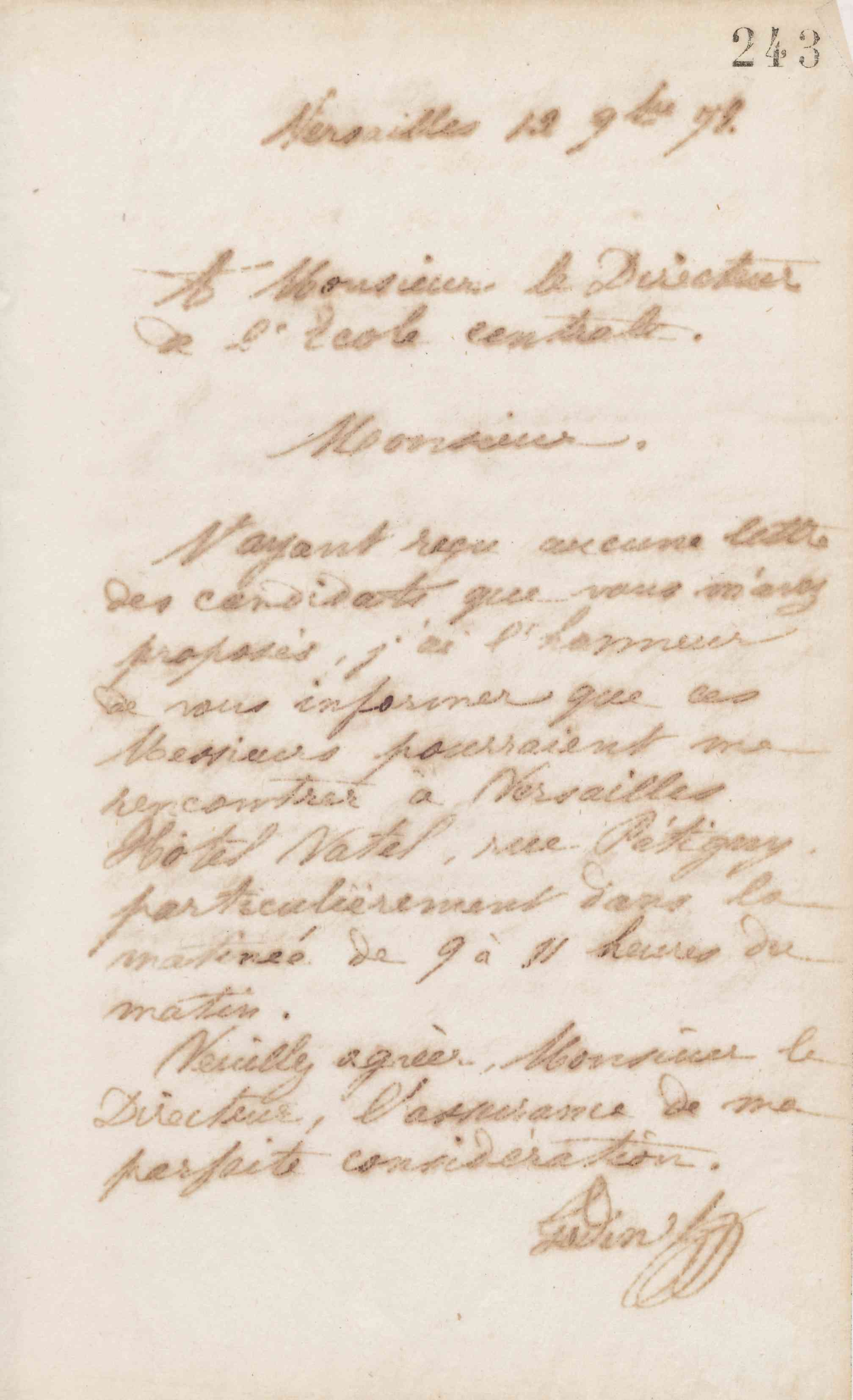 Jean-Baptiste André Godin au directeur de l'École centrale des arts et manufactures, 12 novembre 1872
