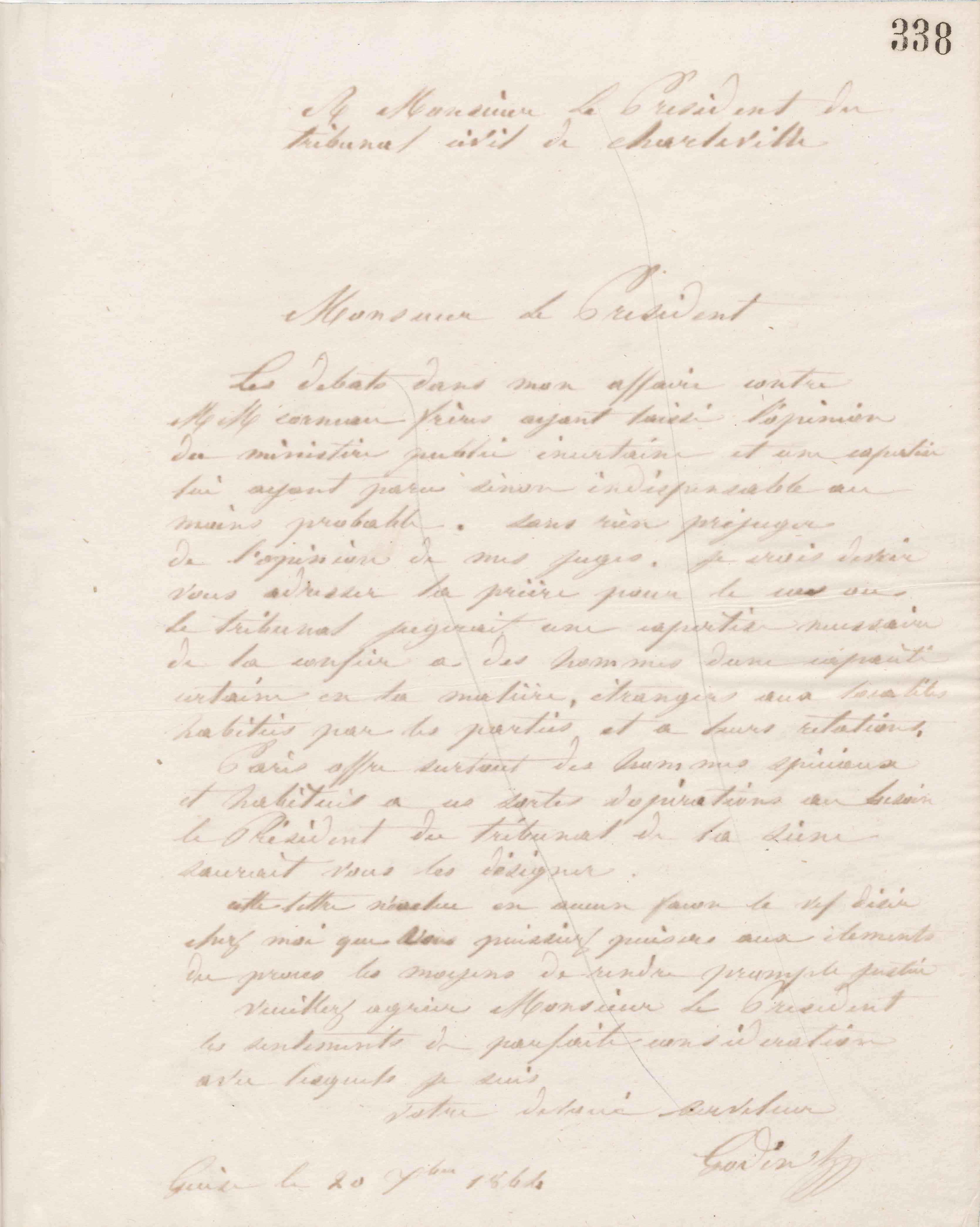 Jean-Baptiste André Godin au Président du tribunal civil de Charleville, 20 décembre 1864