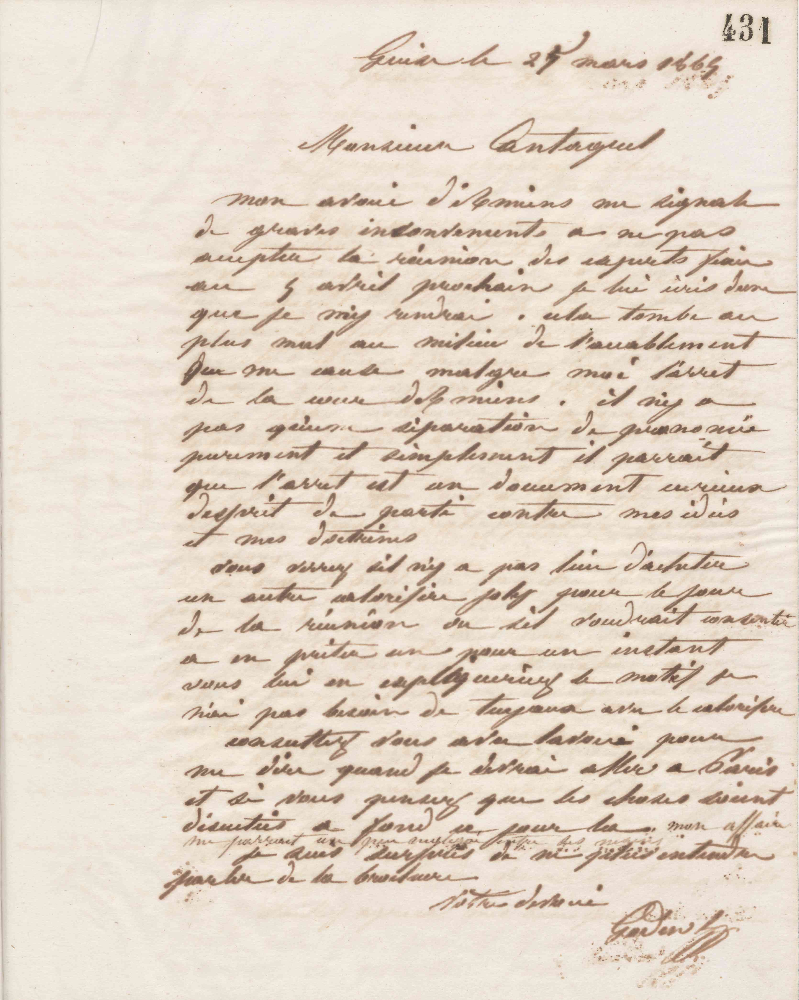 Jean-Baptiste André Godin à François Cantagrel, 25 mars 1865