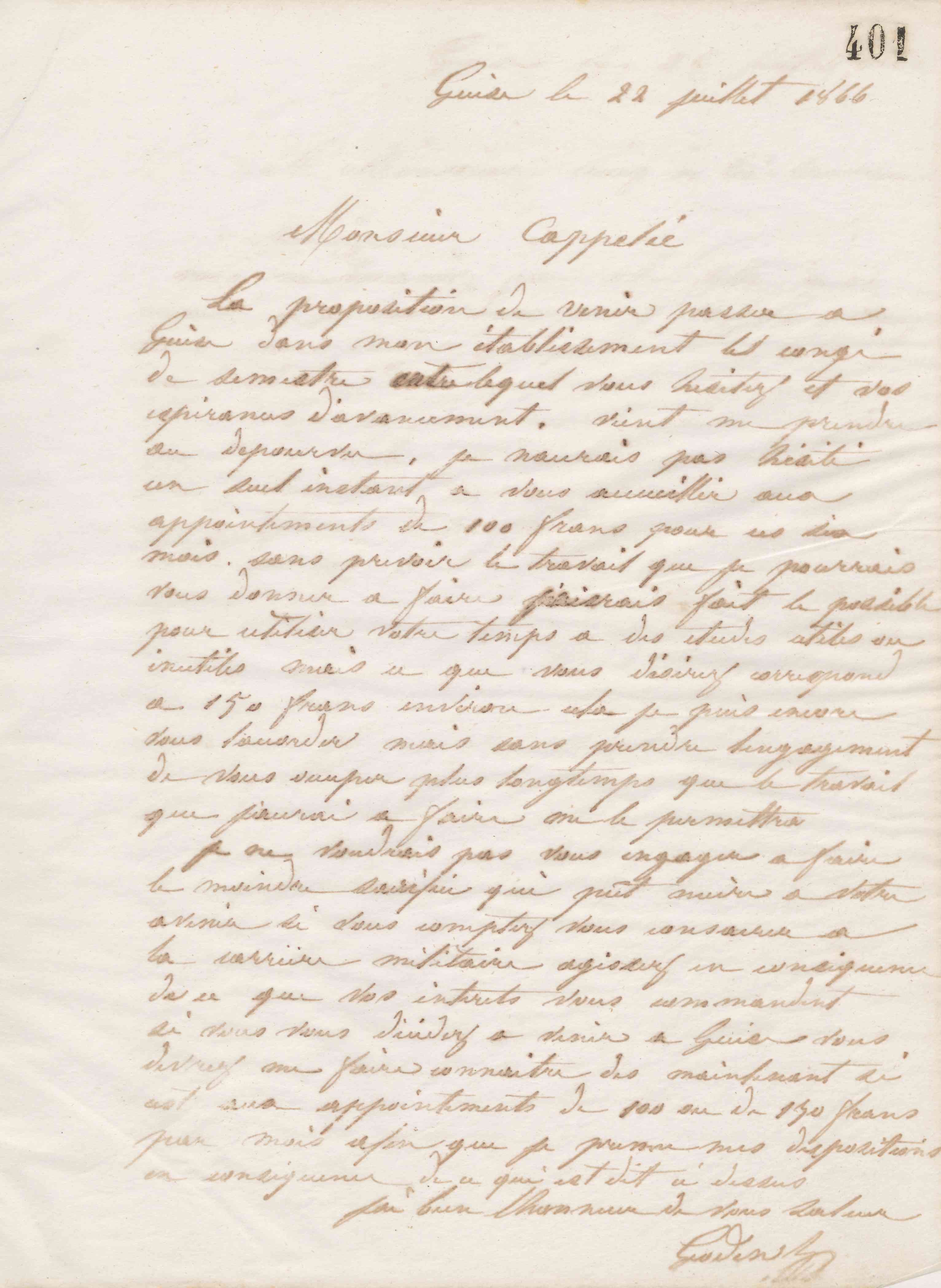 Jean-Baptiste André Godin à monsieur Cappelié, 22 juillet 1866