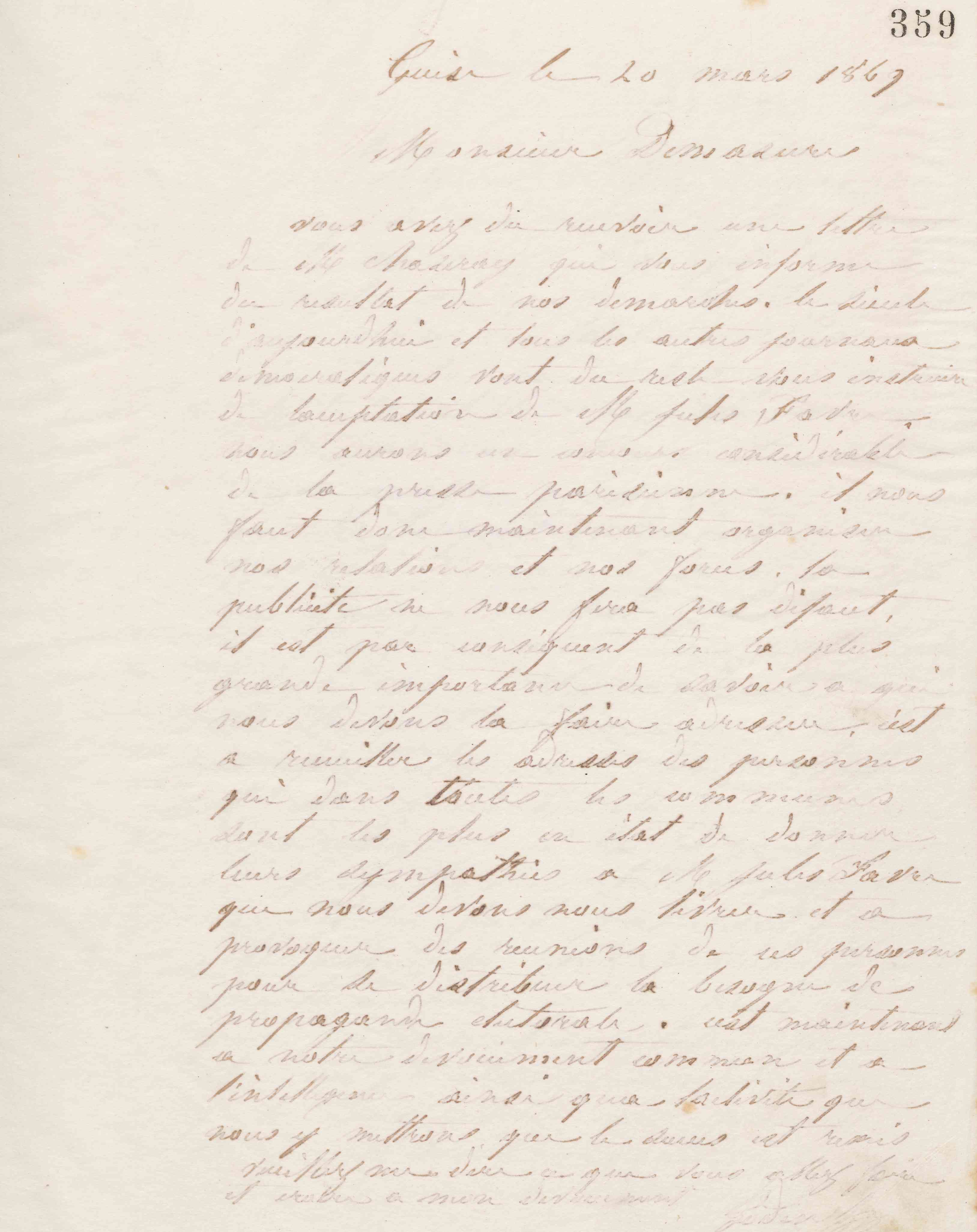 Jean-Baptiste André Godin à Alfred Desmasures, 20 mars 1869