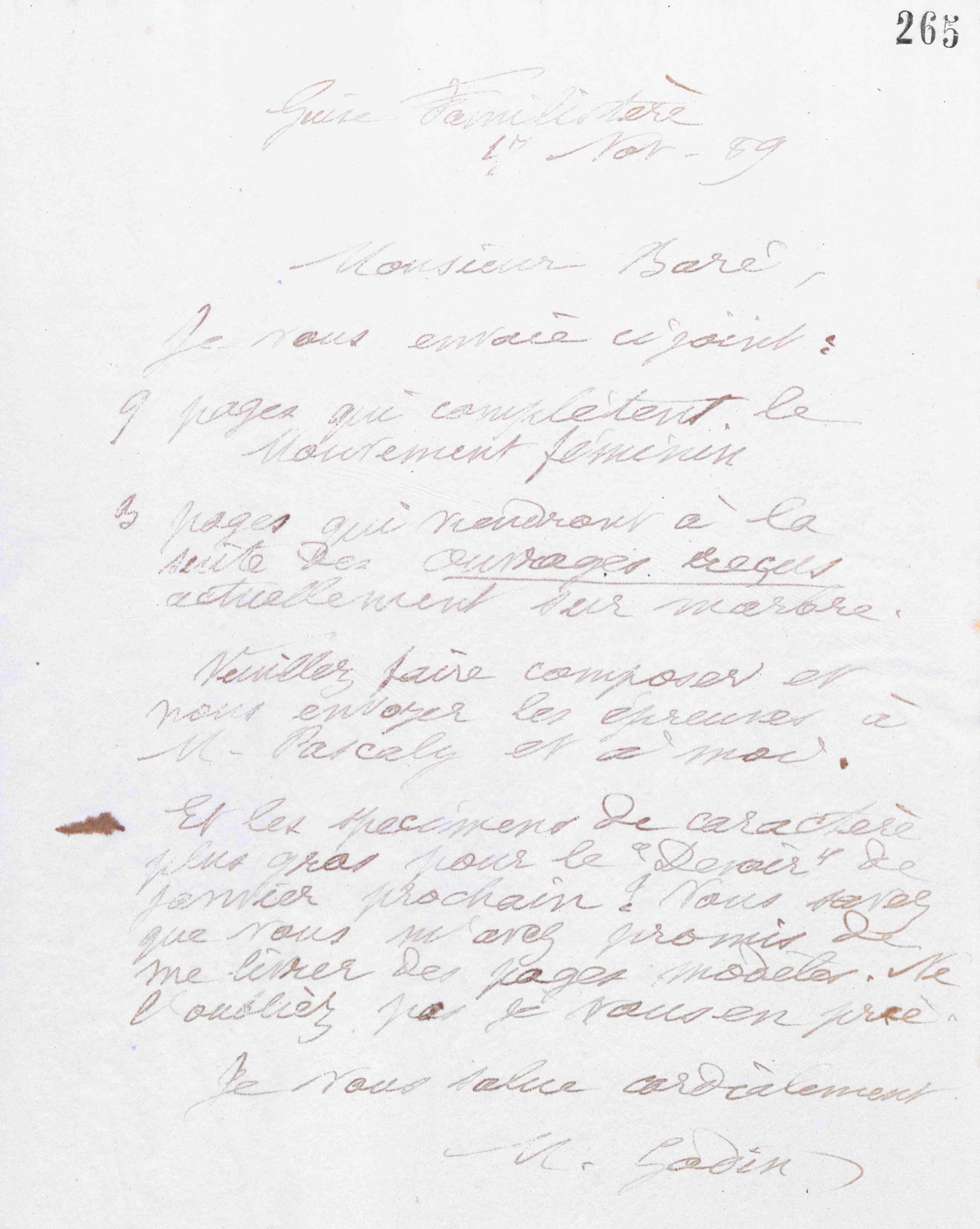 Marie Moret à Jules Édouard Baré, 17 novembre 1889