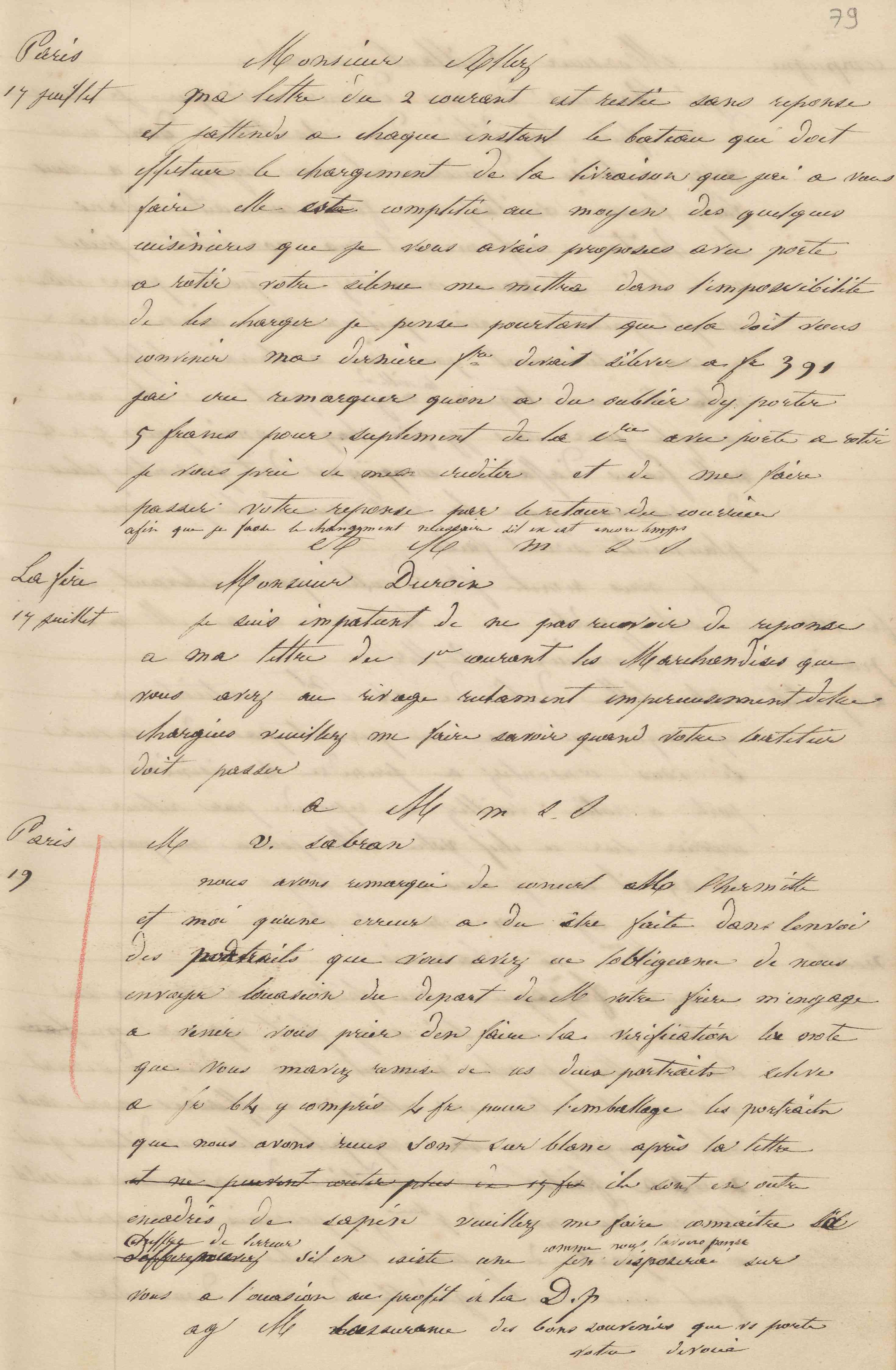 Jean-Baptiste André Godin à monsieur Decroix, 17 juillet 1847