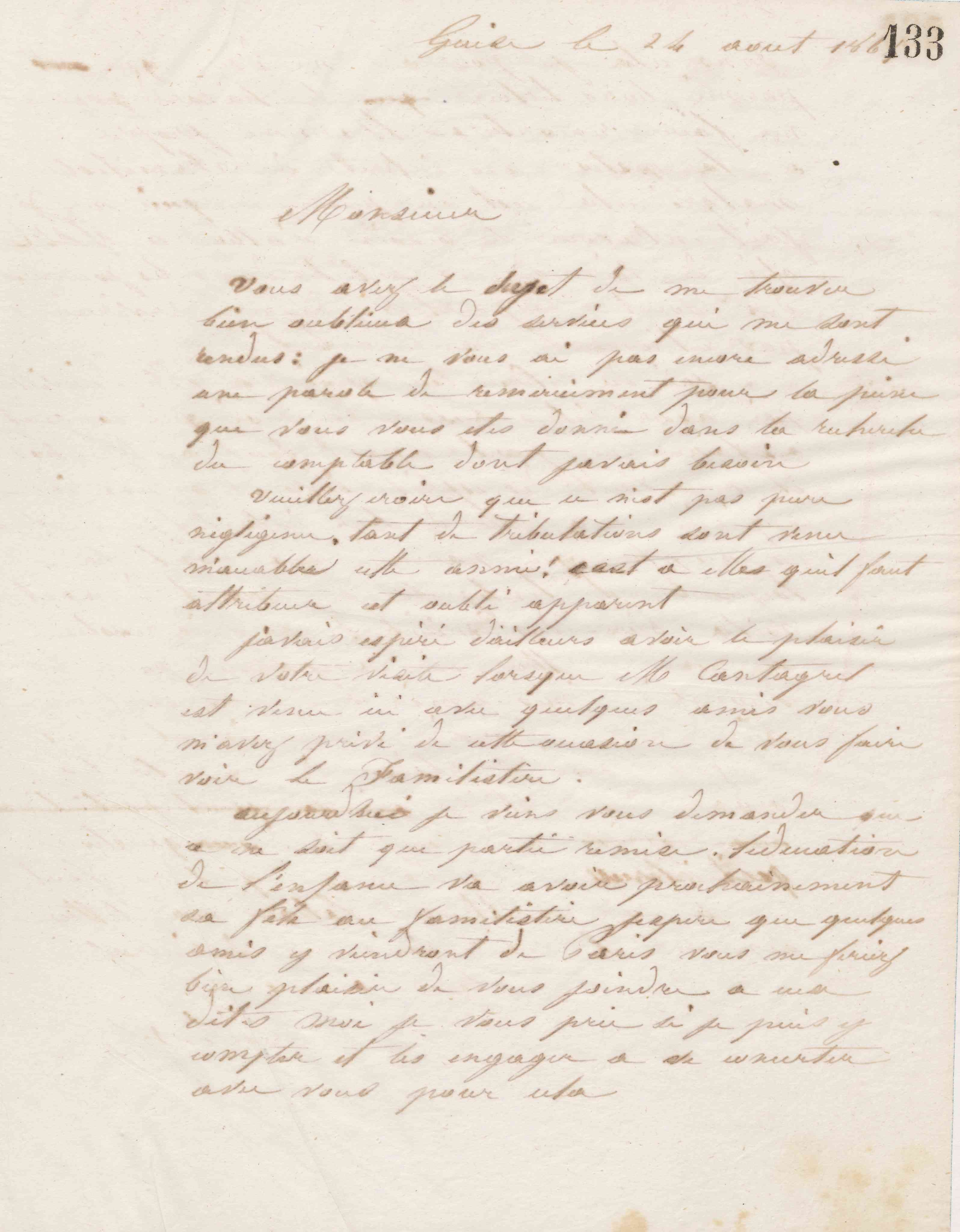 Jean-Baptiste André Godin à monsieur H. Pernet-Vallier, 24 août 1865