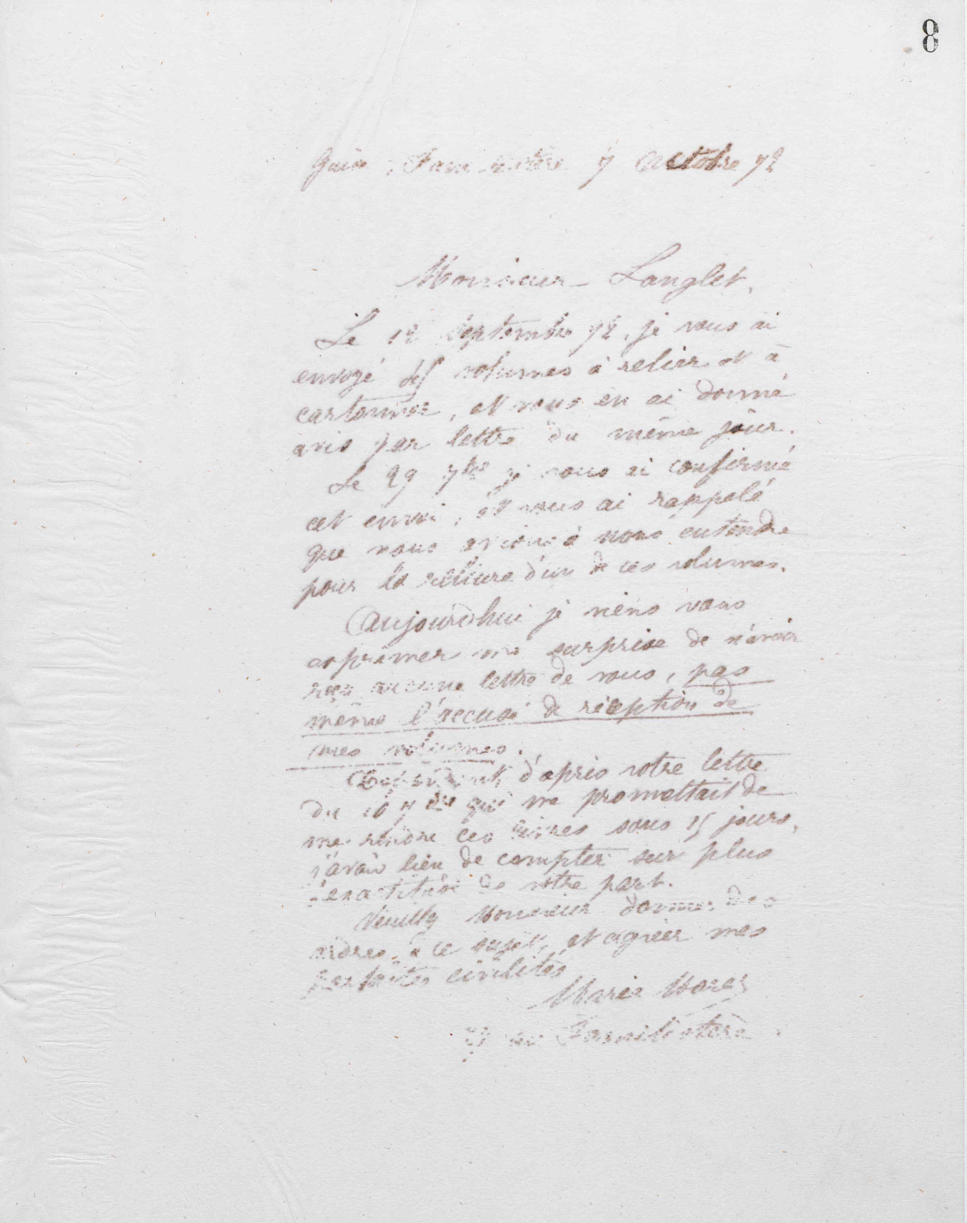 Marie Moret à Adrien Adolphe Langlet, 7 octobre 1872