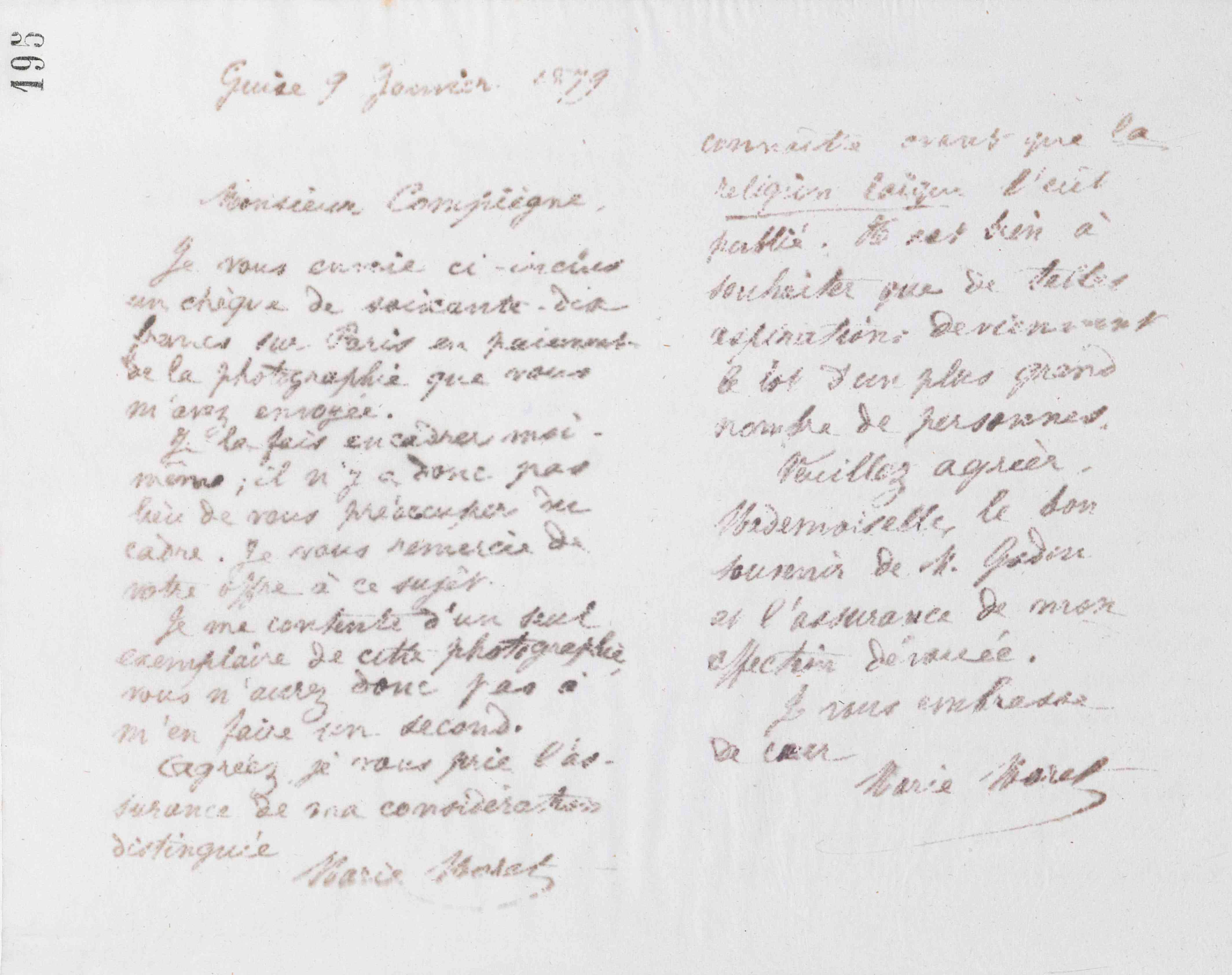 Marie Moret à Eugénie Potonié-Pierre, 6 janvier 1879 Marie Moret à Eugénie Potonié-Pierre, 6 janvier 1879