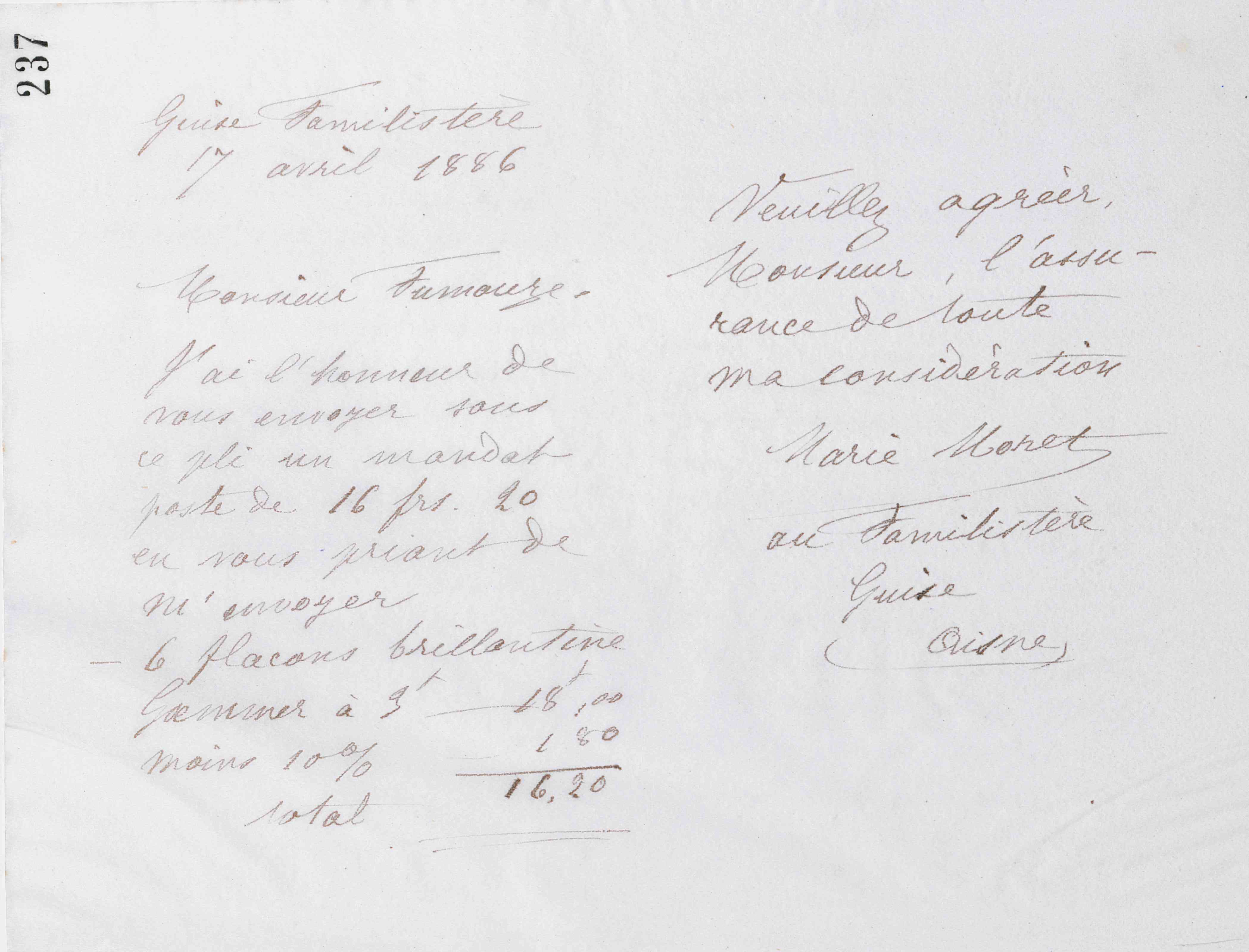 Marie Moret à Fumouze frères, 17 avril 1886