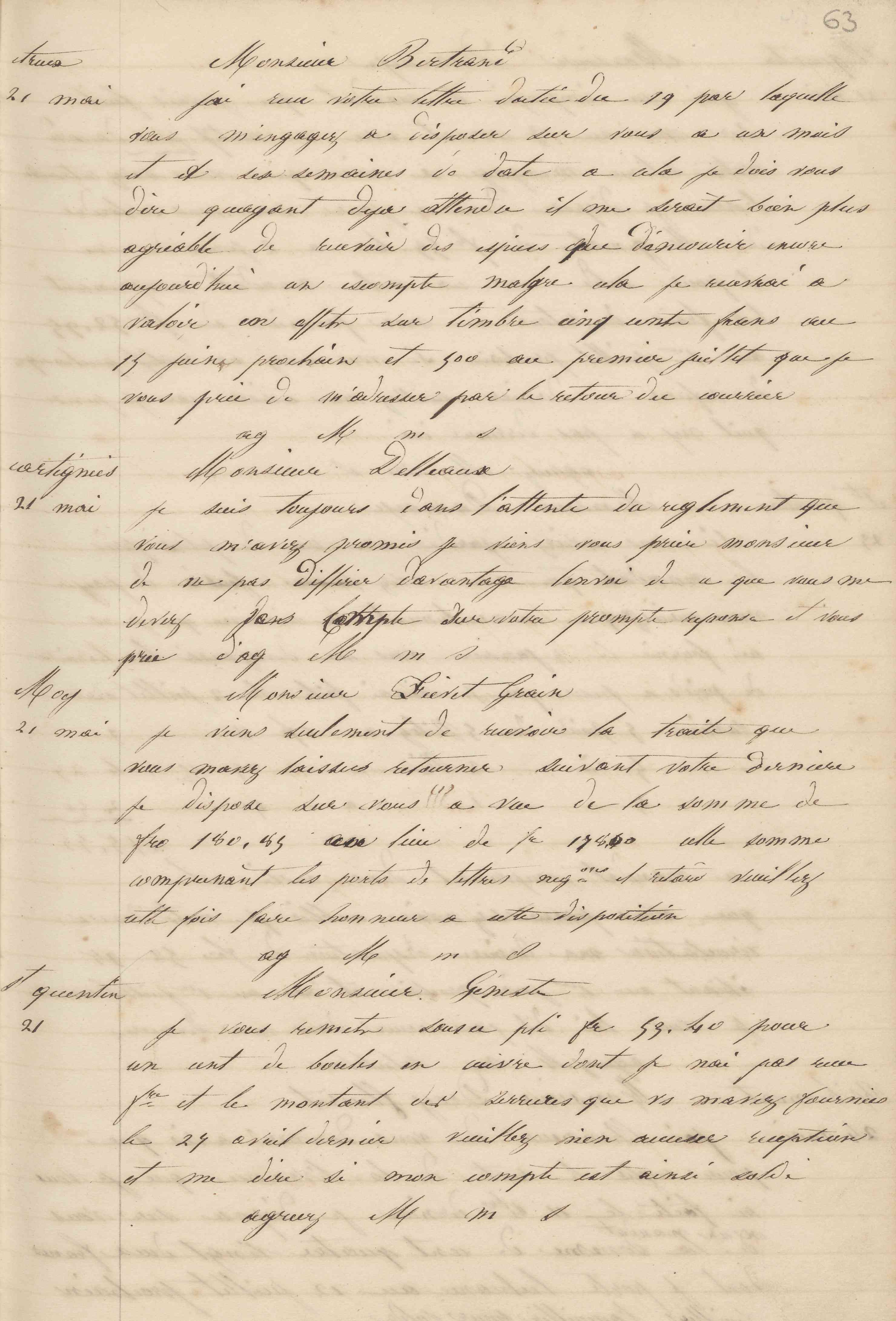 Jean-Baptiste André Godin à monsieur Geneste, 21 mai 1847