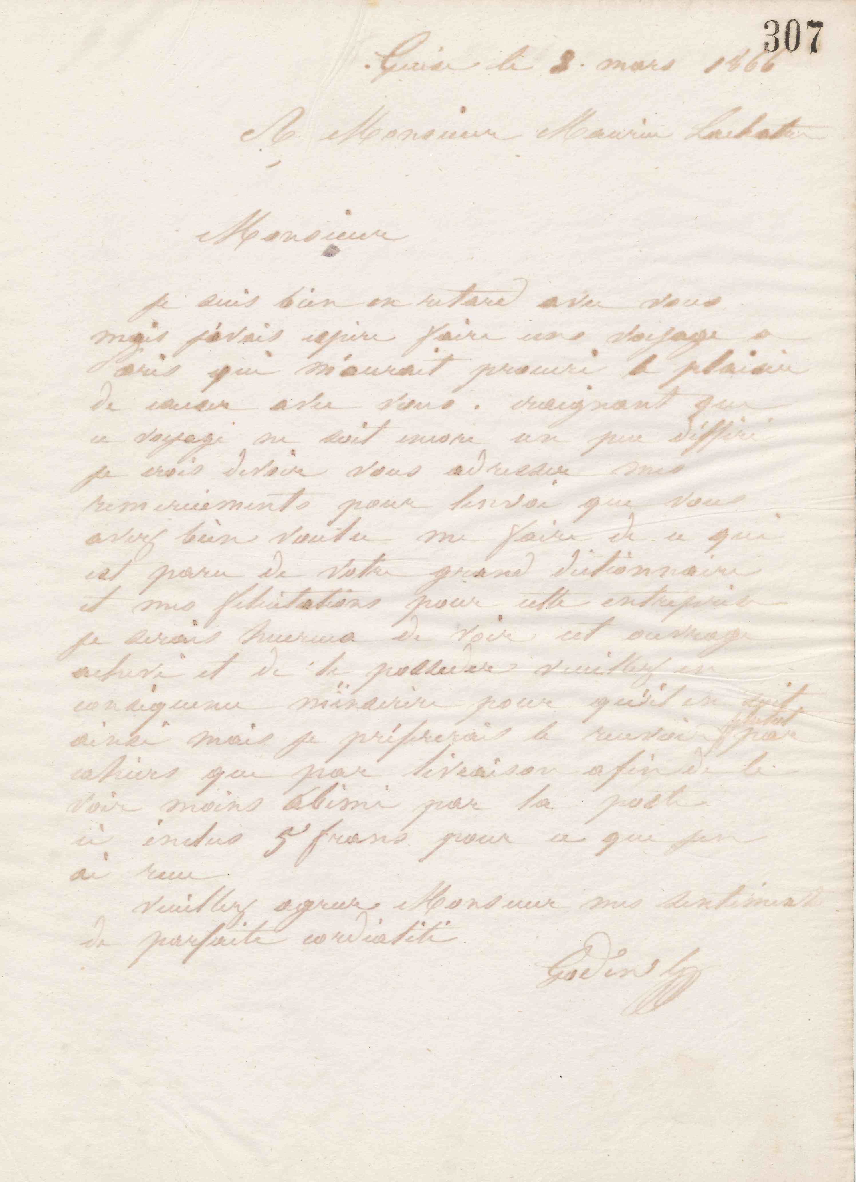 Jean-Baptiste André Godin à Maurice La Châtre, 8 mars 1866