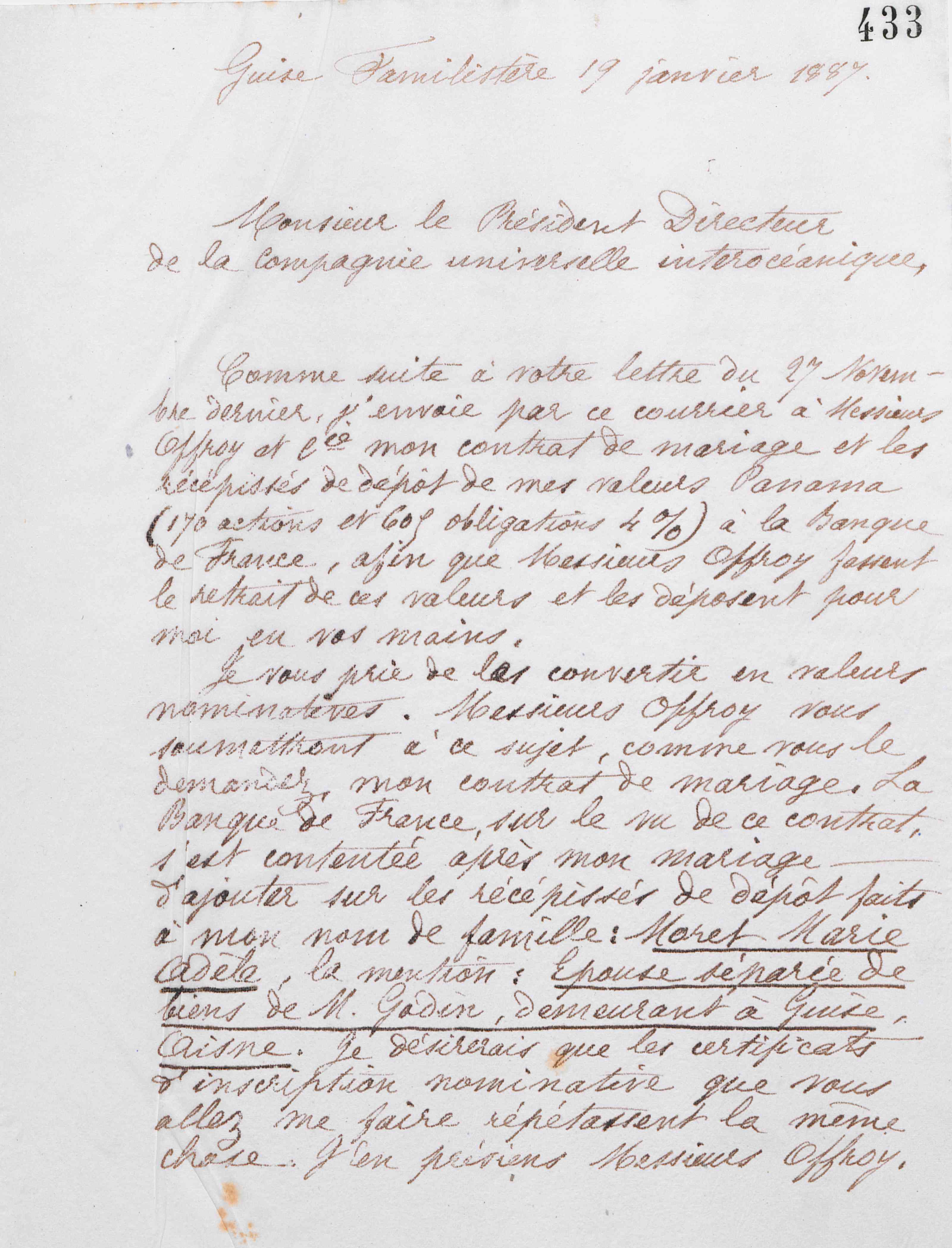 Marie Moret au directeur de la Compagnie universelle interocéanique, 17 janvier 1887