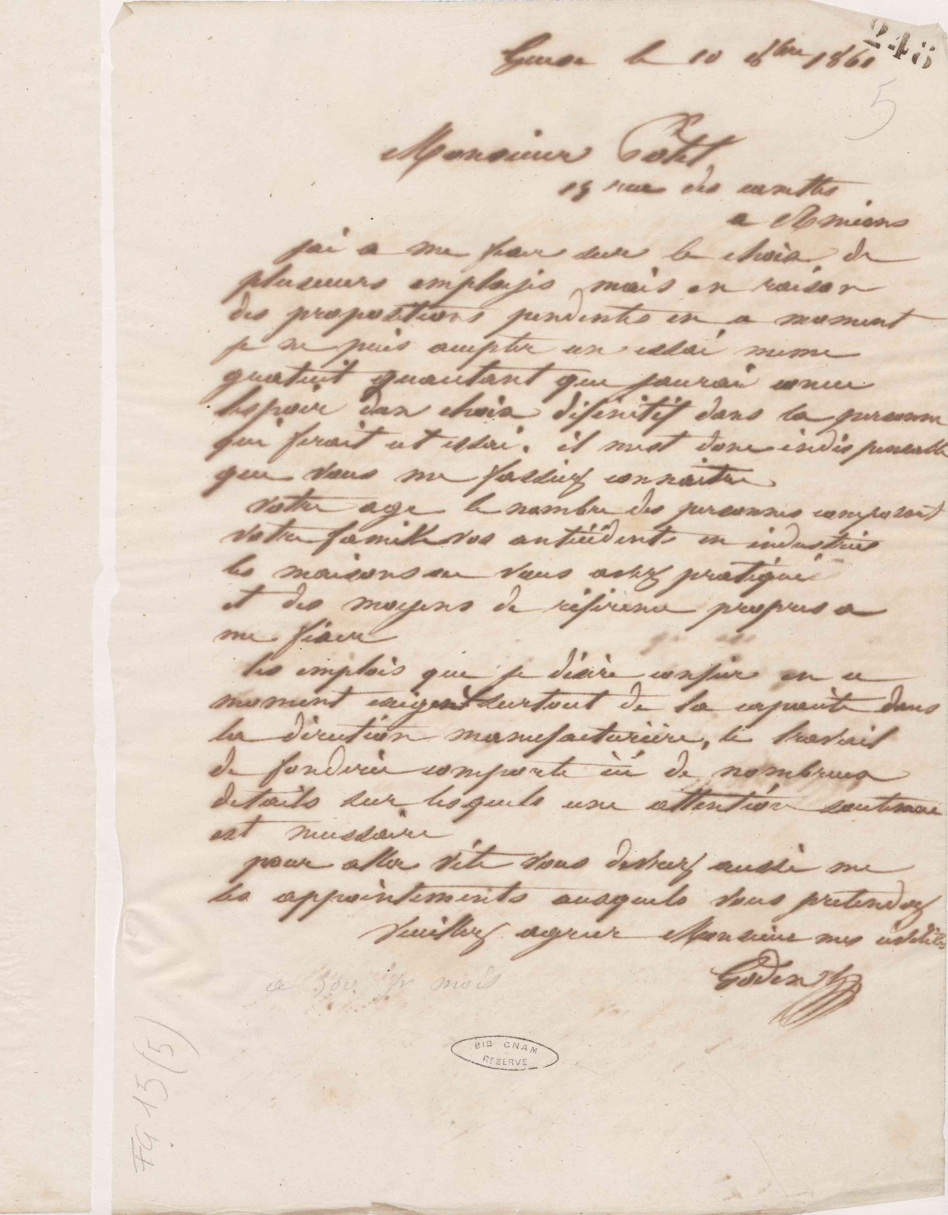Jean-Baptiste André Godin à monsieur Potel, 10 octobre 1861