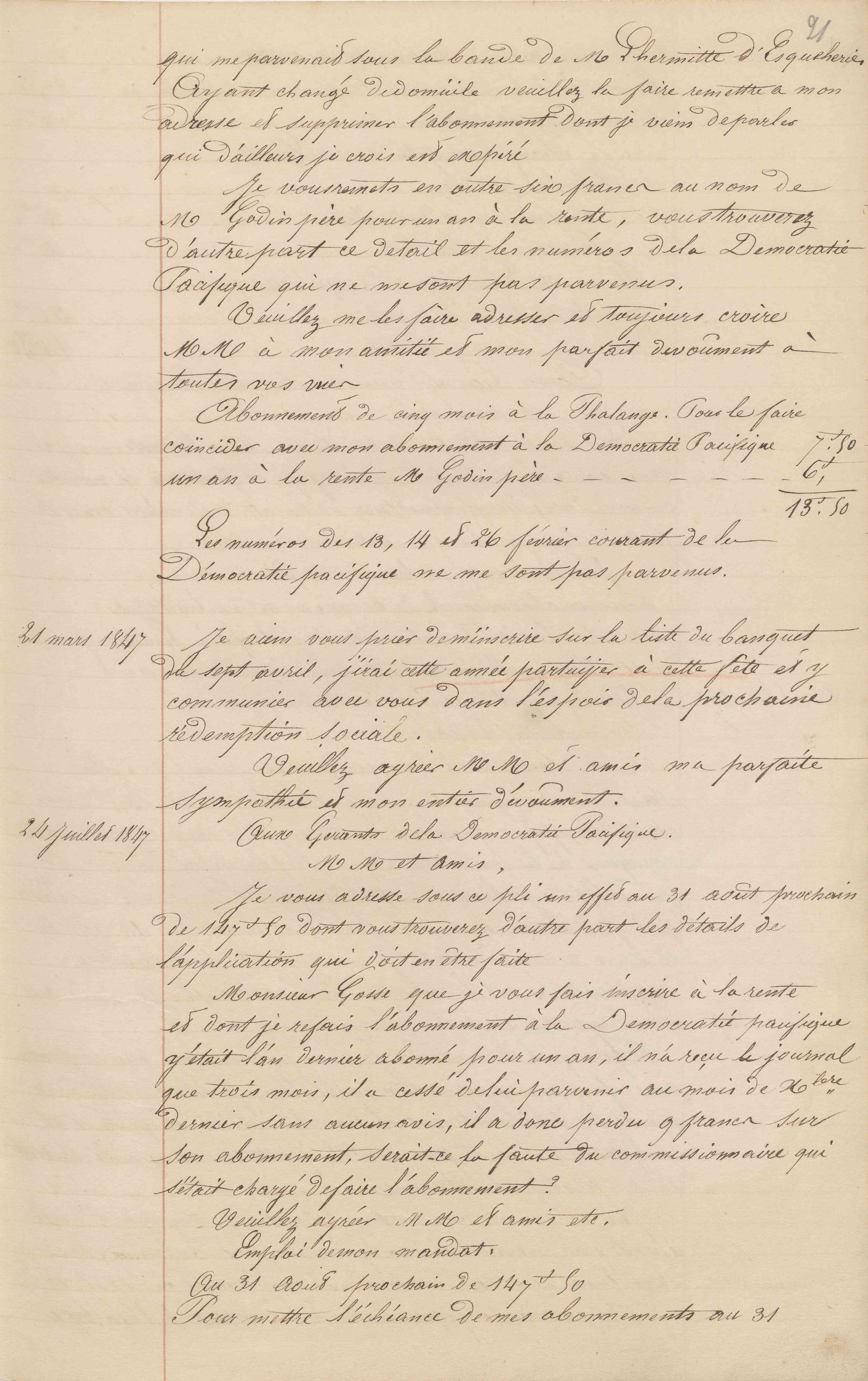 Jean-Baptiste André Godin aux gérants de La Démocratie pacifique, 24 juillet 1847