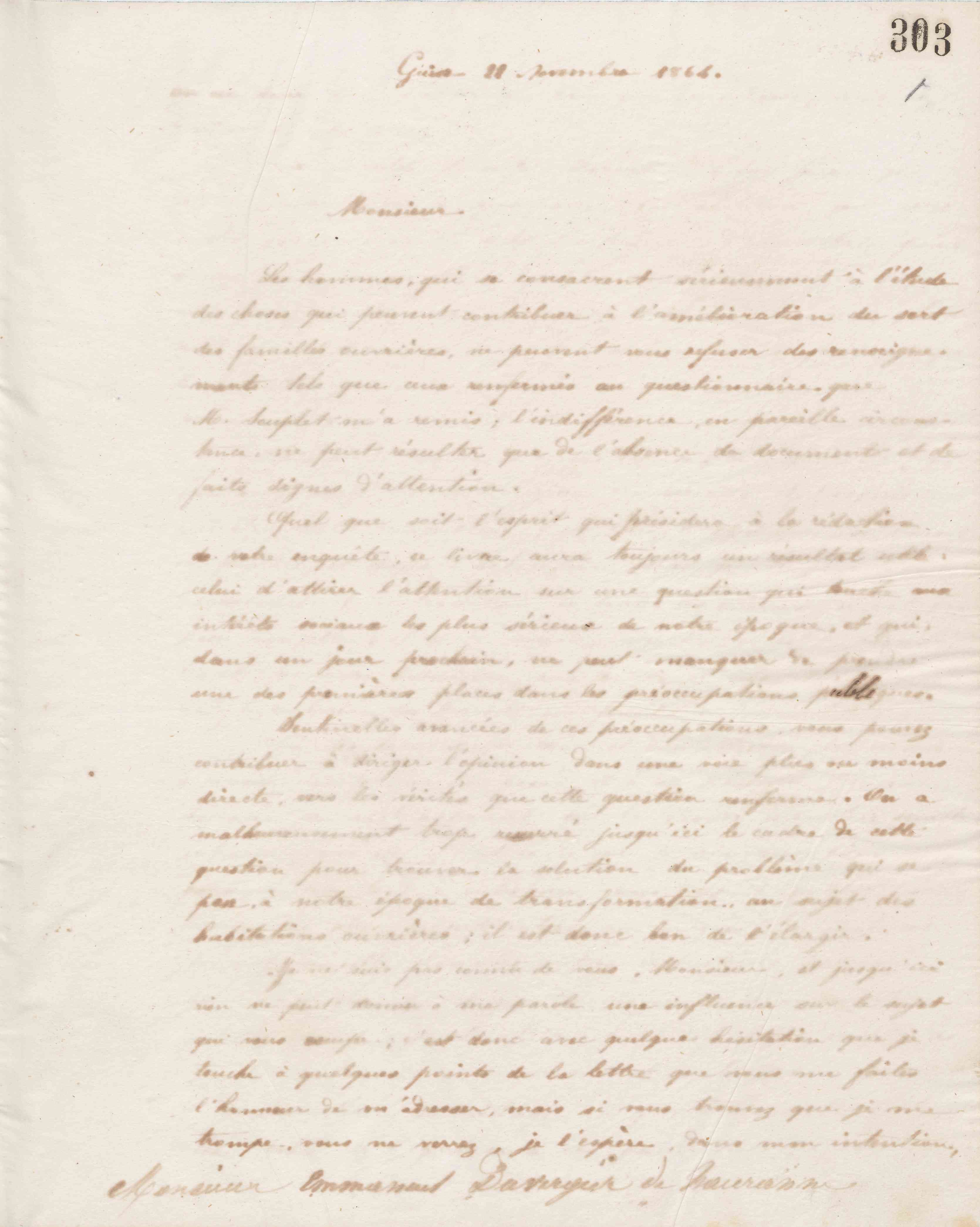 Jean-Baptiste André Godin à Emmanuel Duvergier de Hauranne, 21 novembre 1864 Jean-Baptiste André Godin à Emmanuel Duvergier de Hauranne, 21 novembre 1864