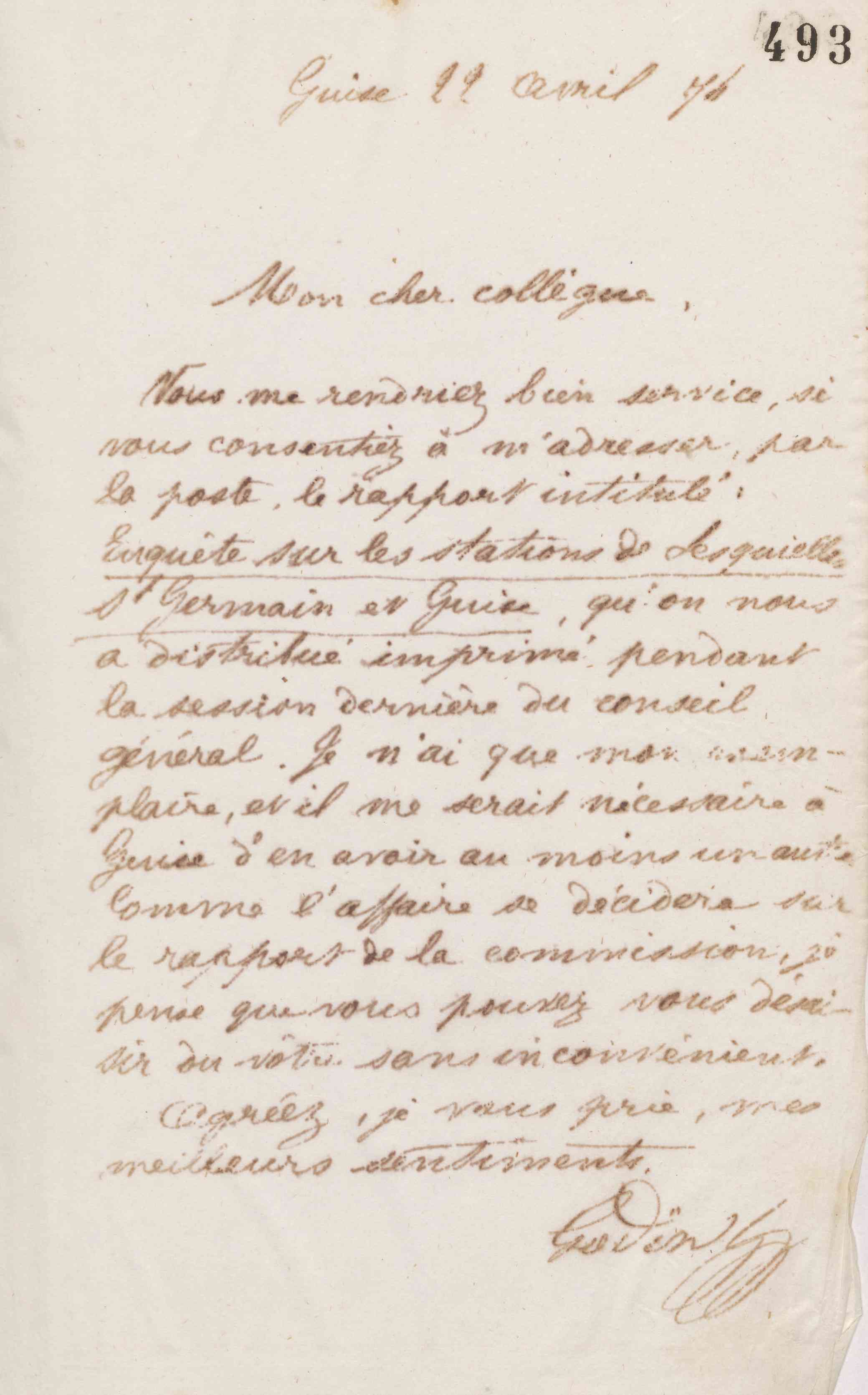 Jean-Baptiste André Godin à Louis Graux, 22 avril 1874