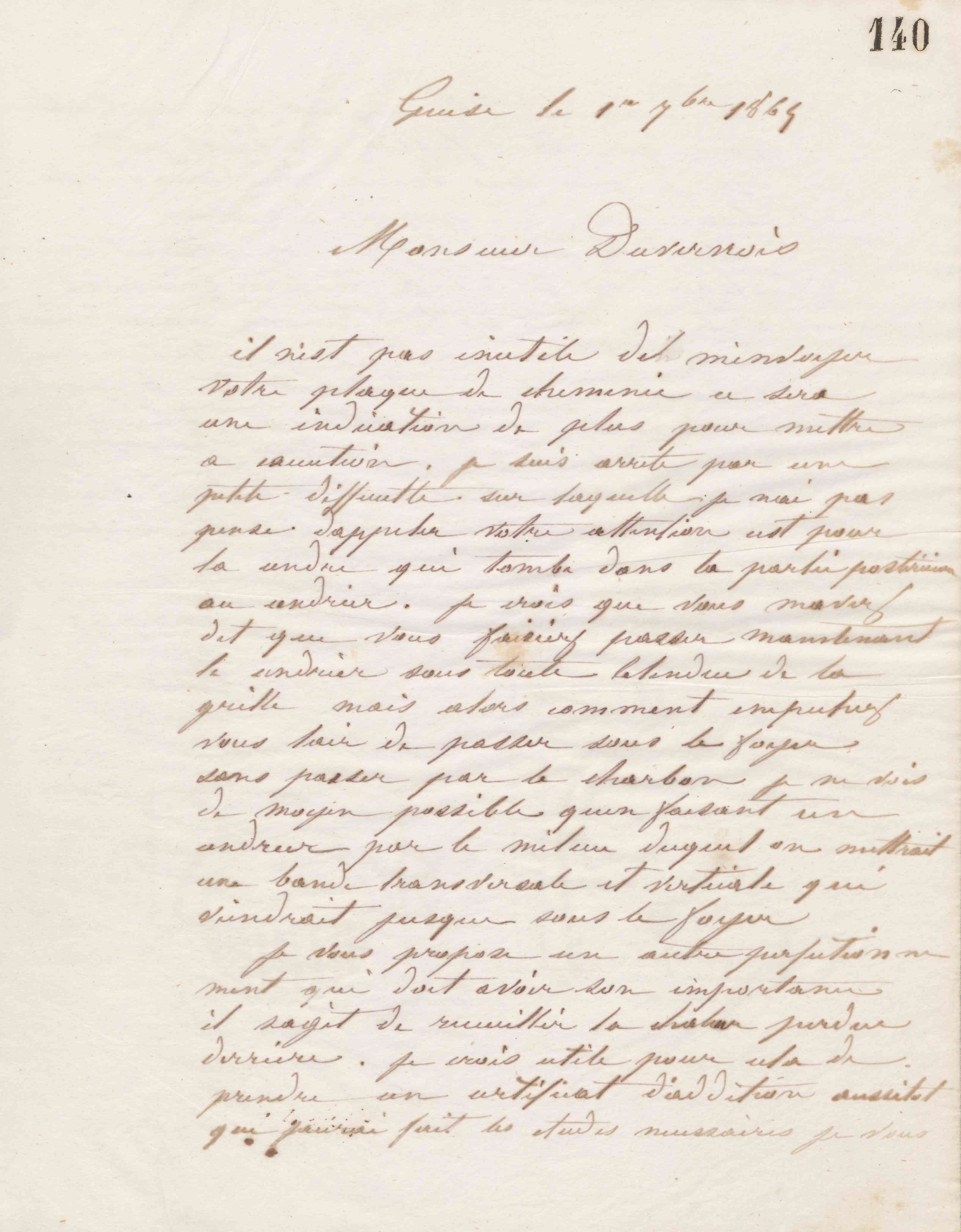 Jean-Baptiste André Godin à monsieur Duvernois, 1er septembre 1865