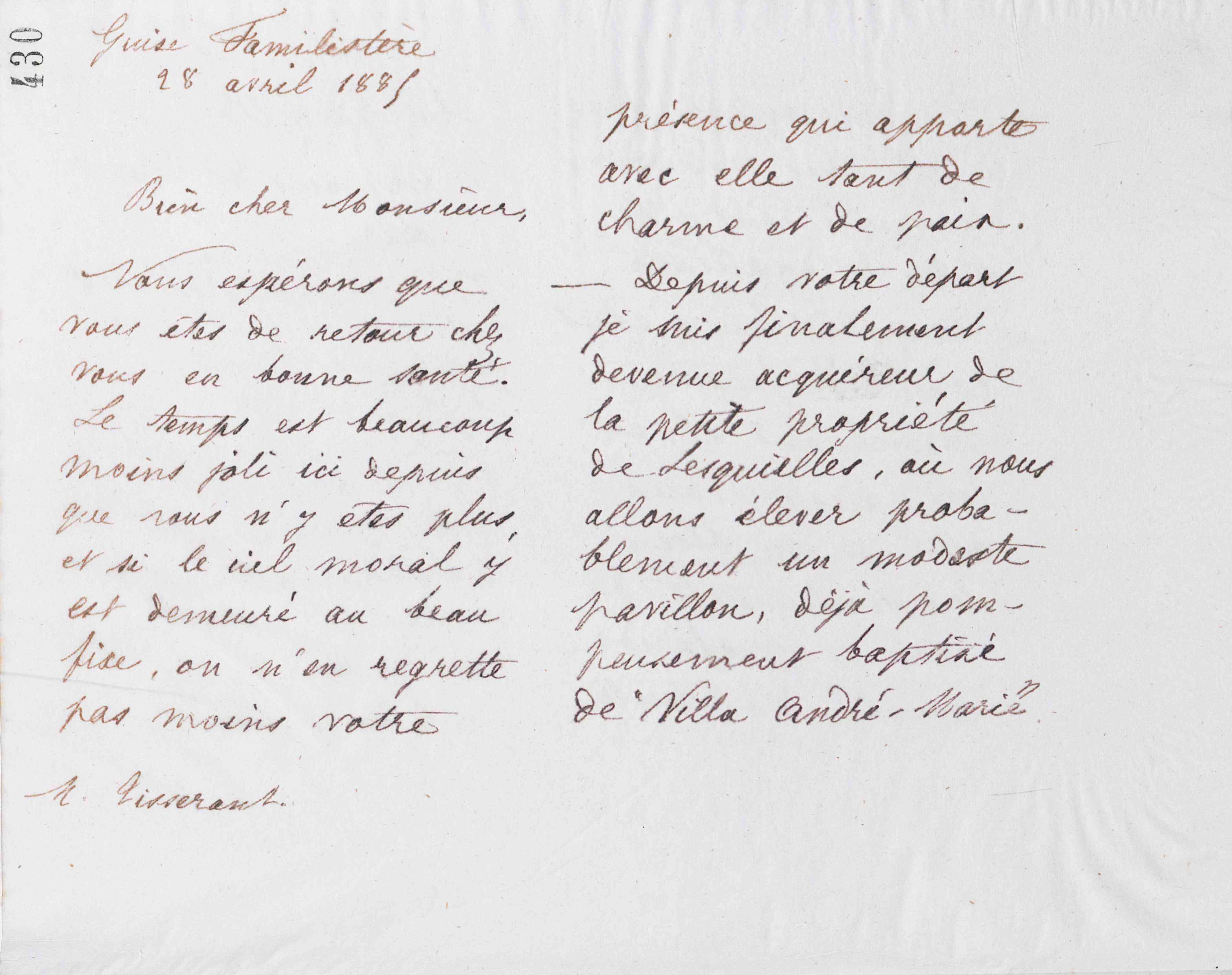 Marie Moret à Alexandre Tisserant, 28 avril 1885