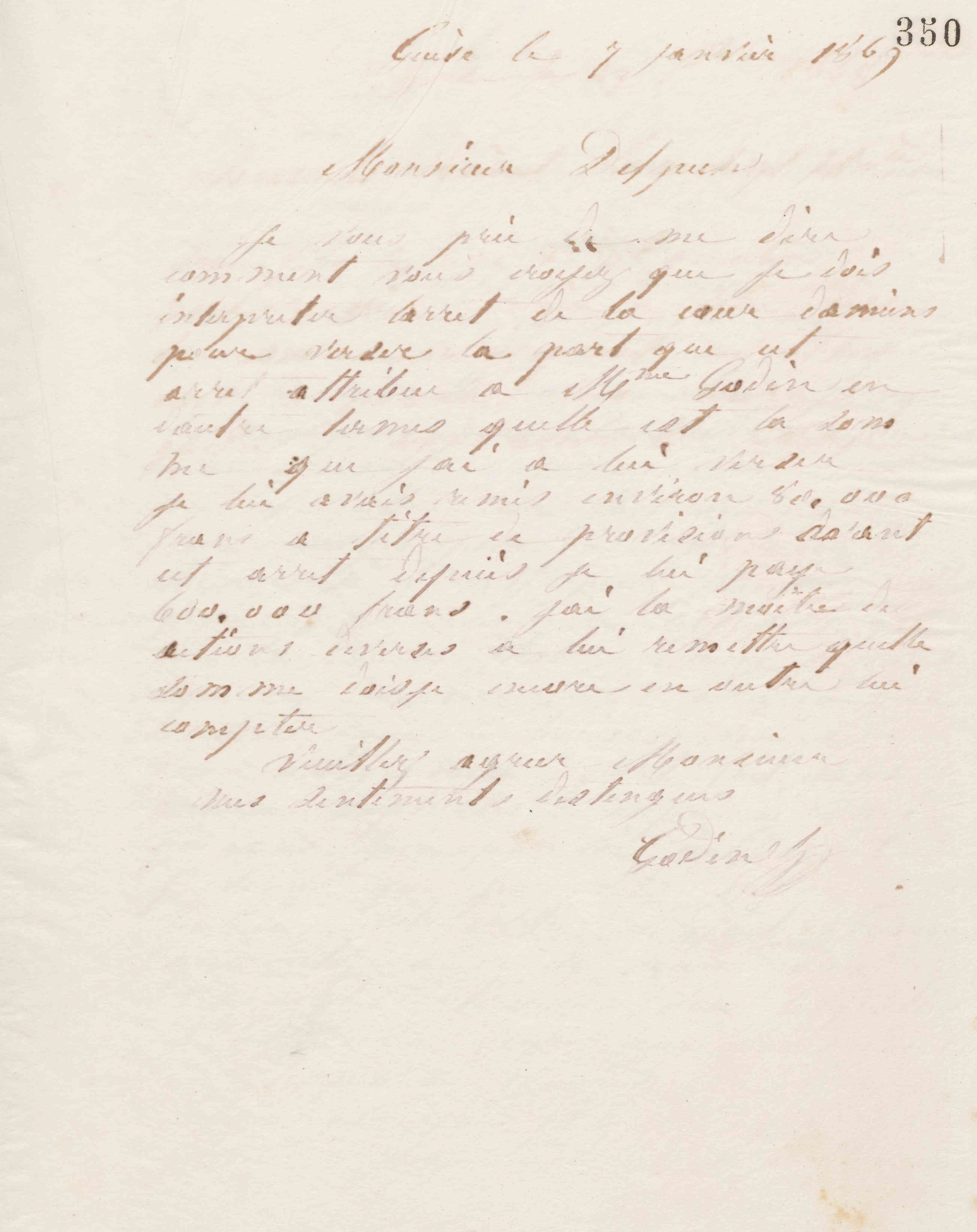 Jean-Baptiste André Godin à Alphonse Delpech, 7 janvier 1869