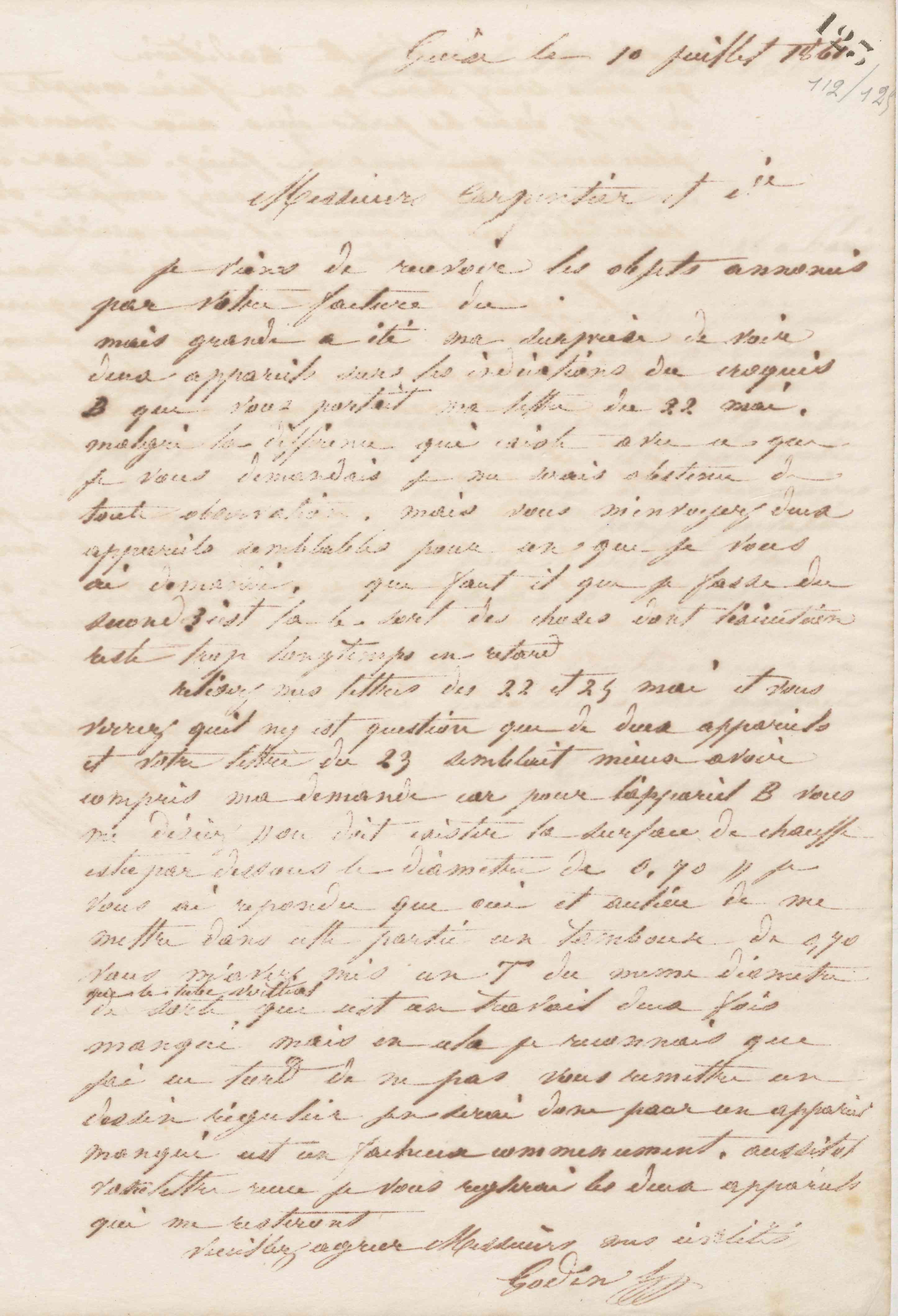 Jean-Baptiste André Godin à Carpentier et Cie, 10 juillet 1861