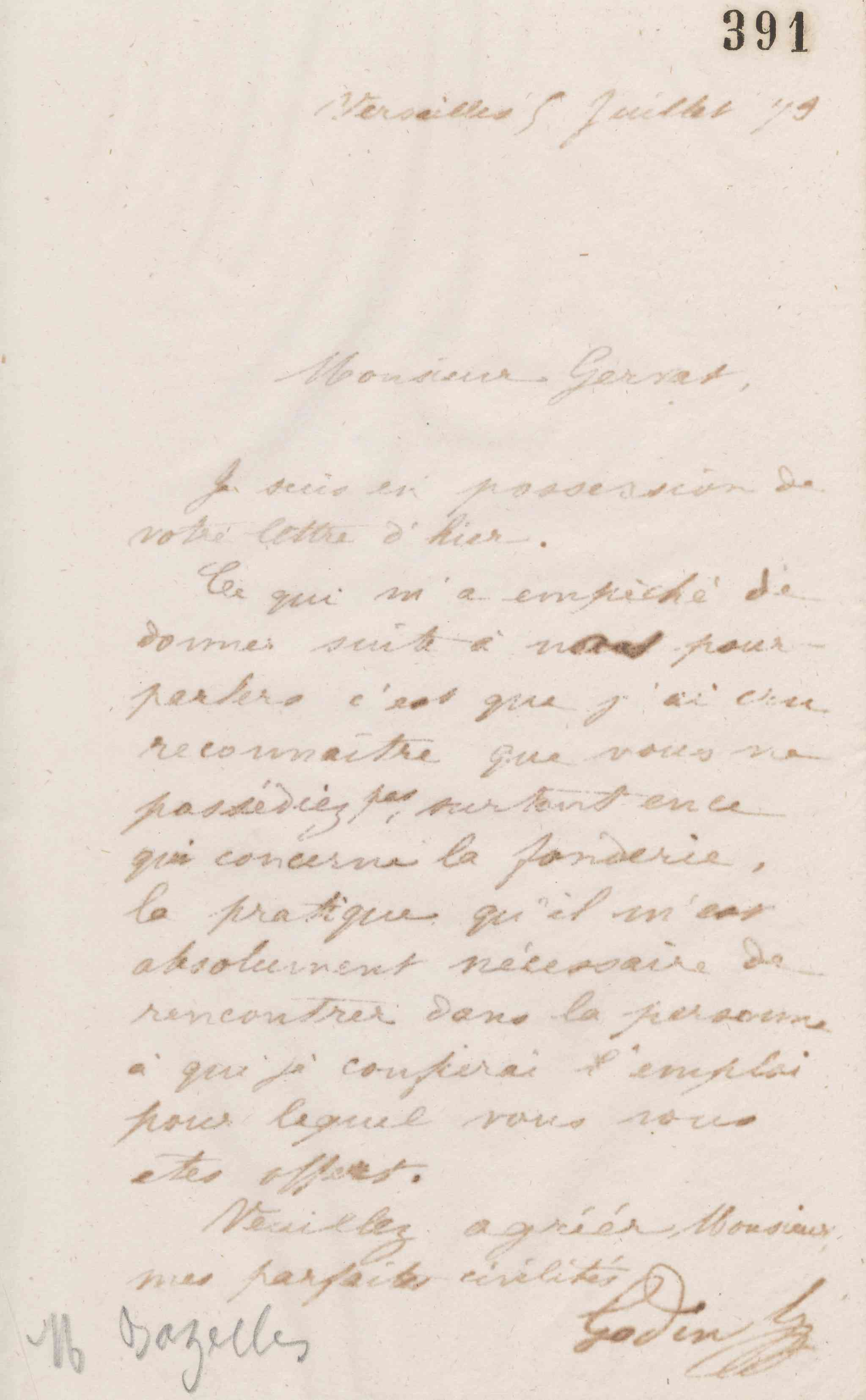 Jean-Baptiste André Godin à monsieur Gervat, 5 juillet 1873