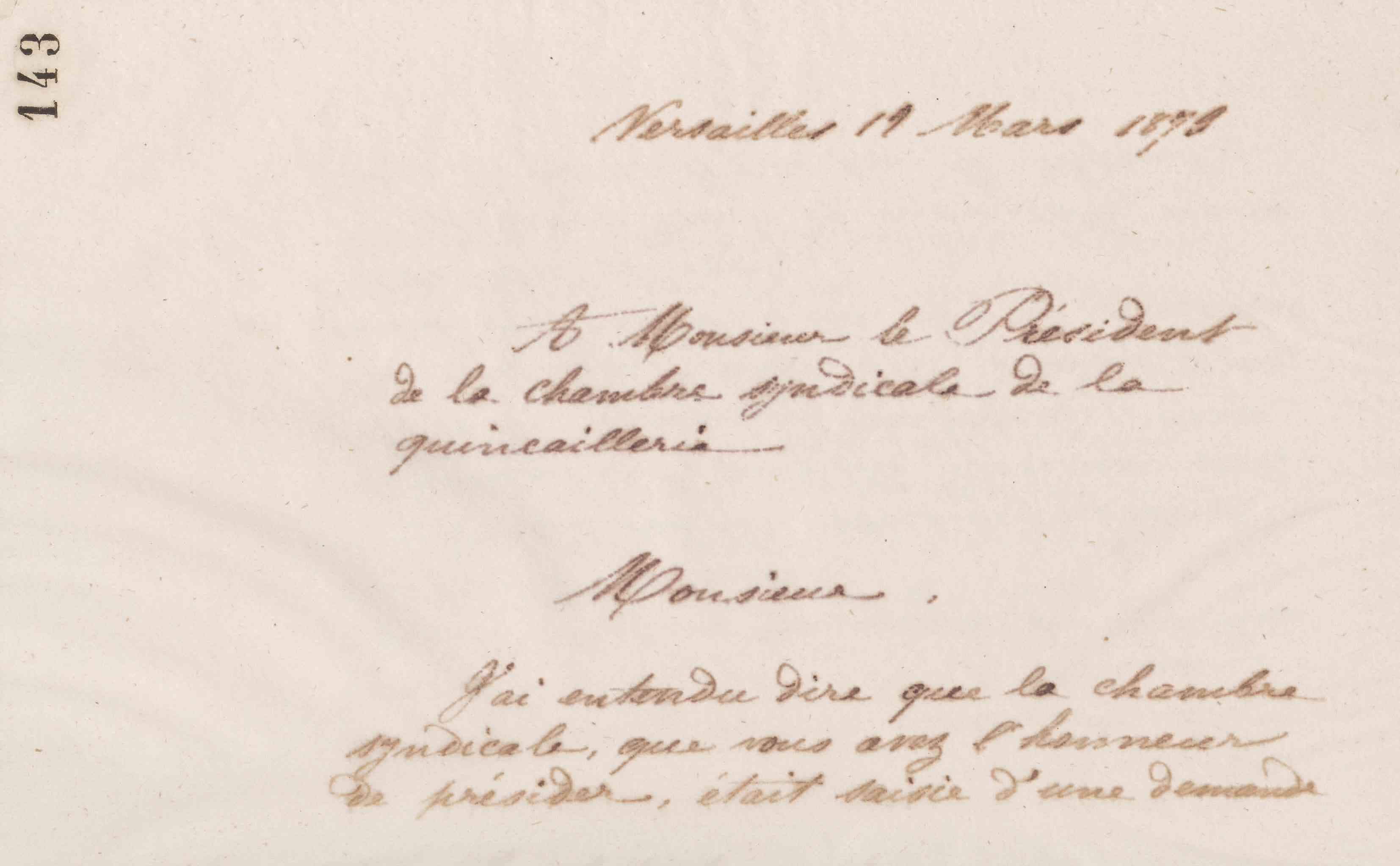 Jean-Baptiste André Godin au président de la Chambre syndicale de la quincaillerie, 12 mars 1873