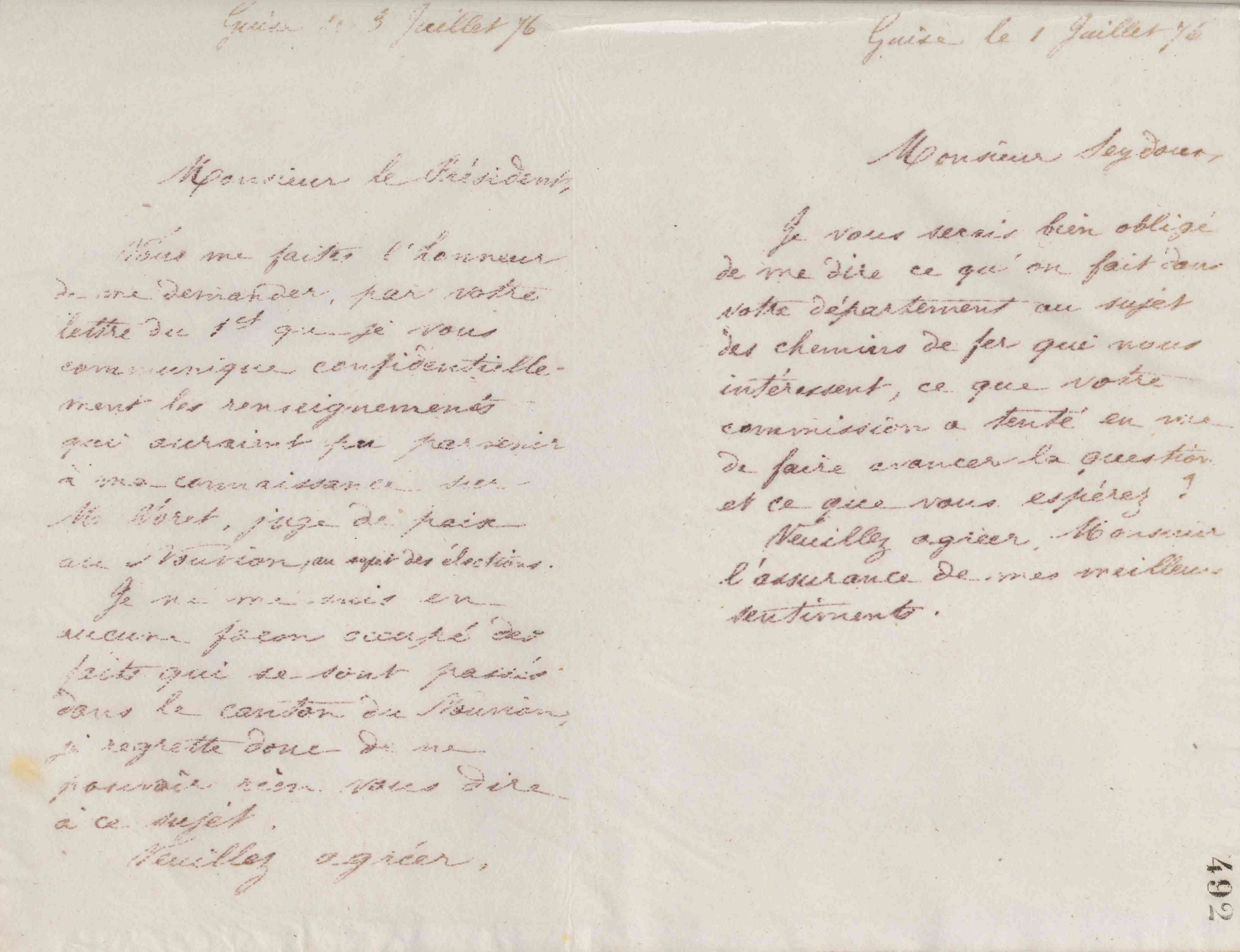 Jean-Baptiste André Godin à Charles Seydoux, 1er juillet 1876 Jean-Baptiste André Godin à Charles Seydoux, 1er juillet 1876