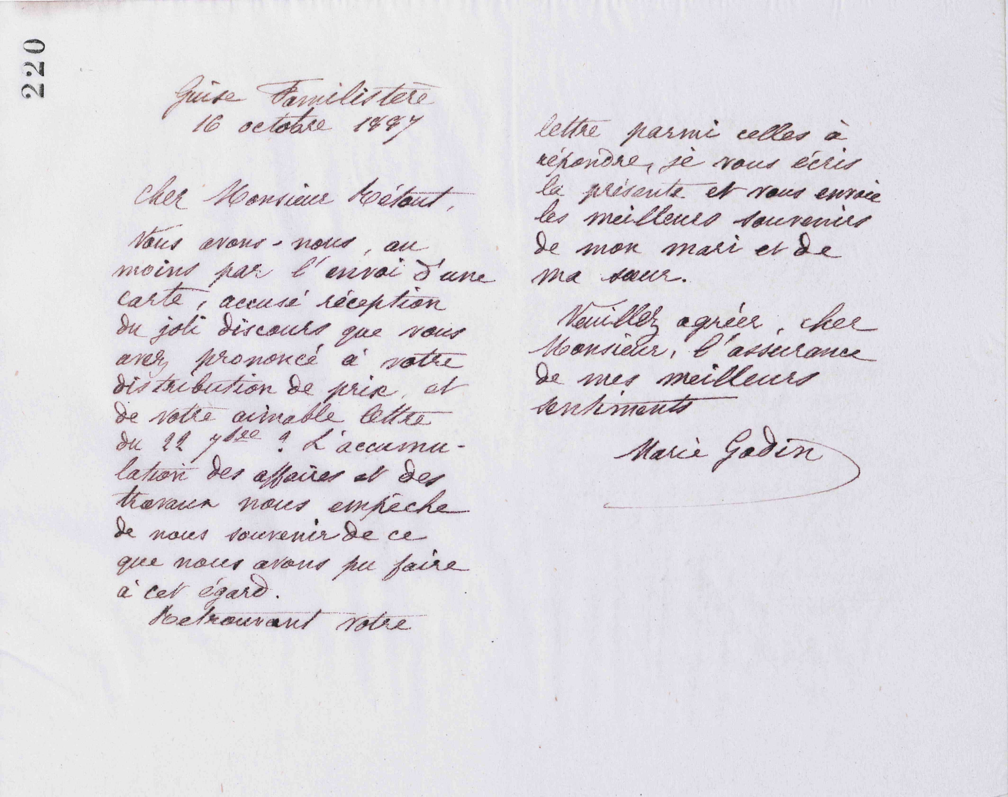 Marie Moret à Ambroise Rétout, 16 octobre 1887