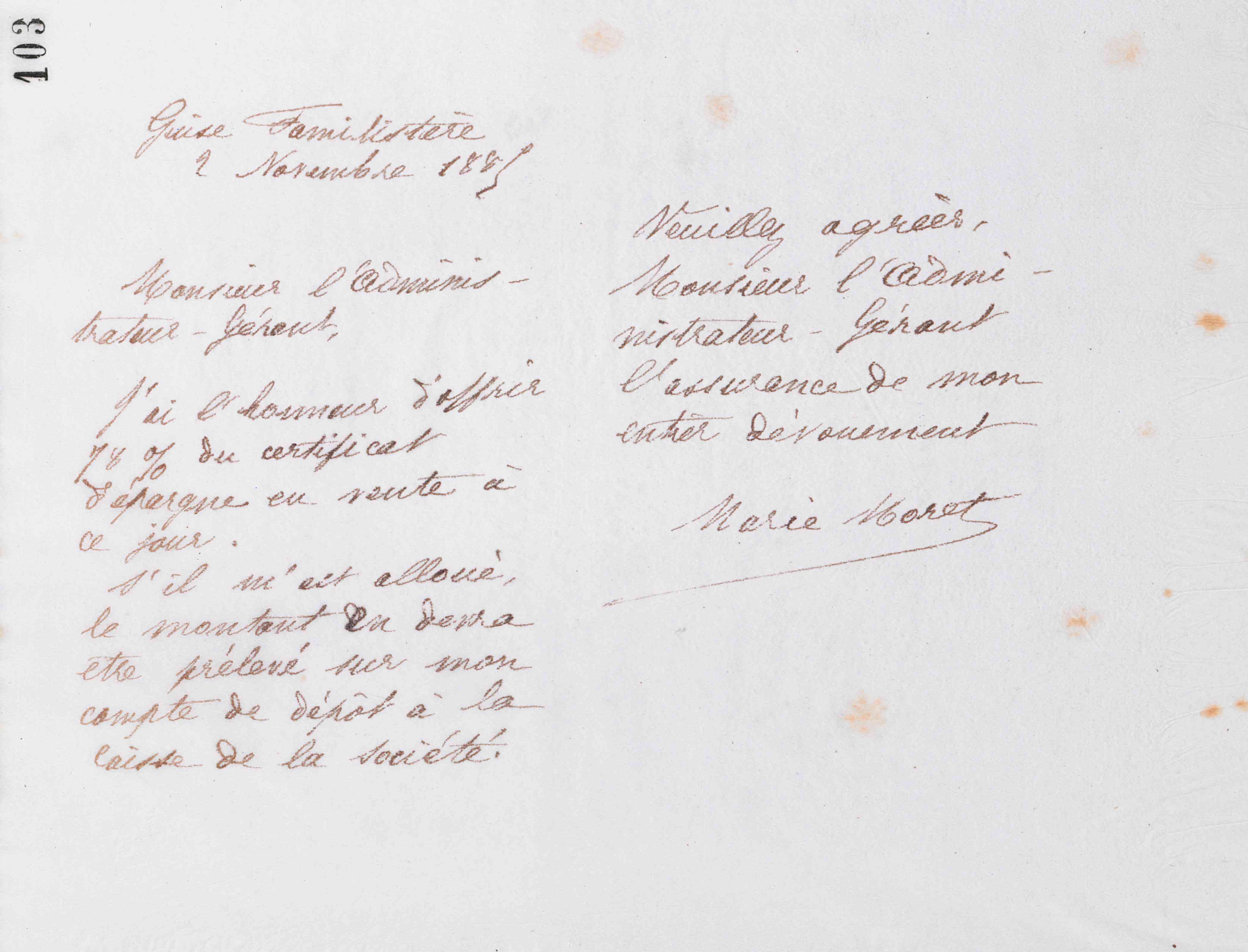Marie Moret à l'administrateur gérant de la société Godin et Cie, 2 novembre 1885 Marie Moret à l'administrateur gérant de la société Godin et Cie, 2 novembre 1885