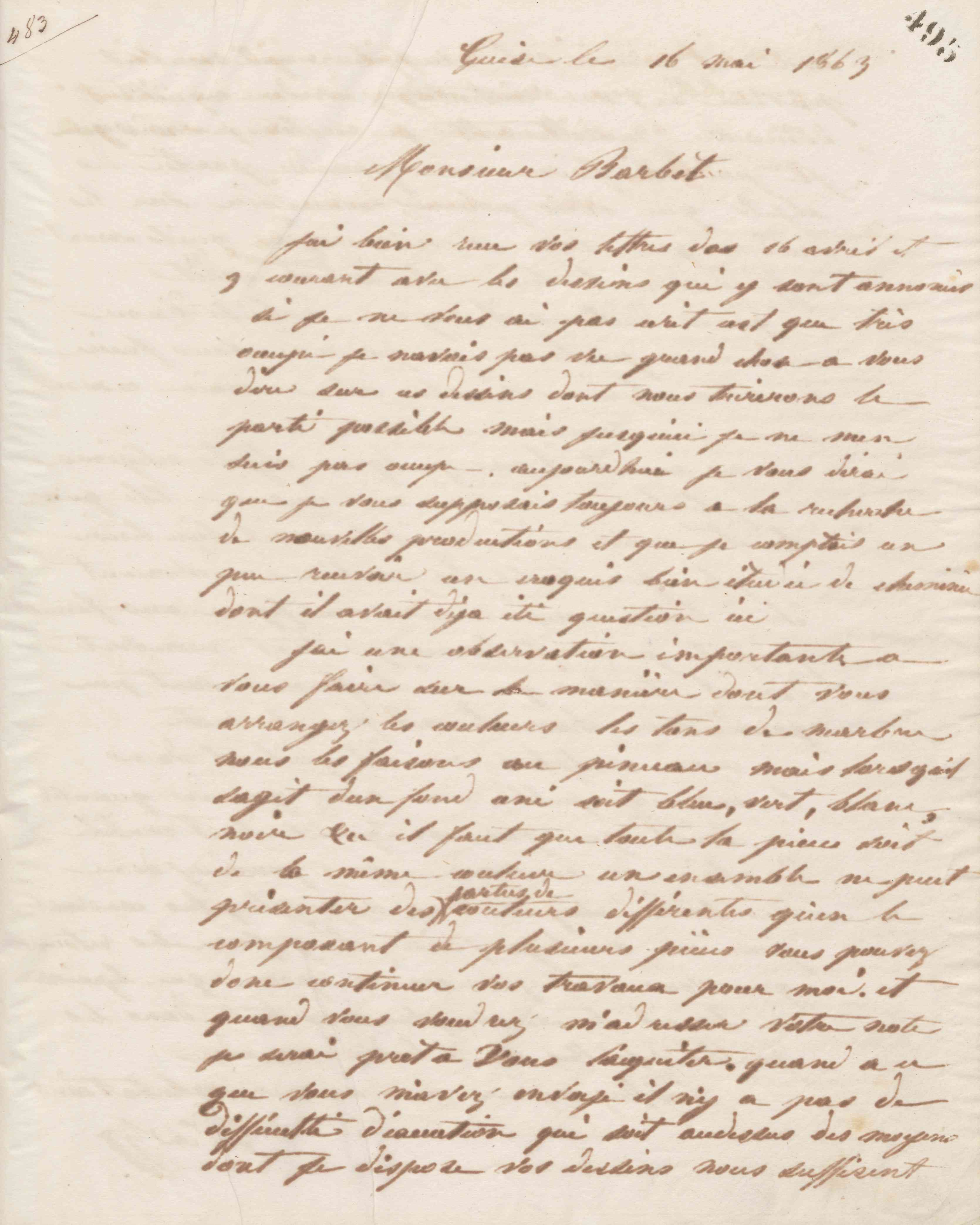 Jean-Baptiste André Godin à monsieur Barbet, 16 mai 1863