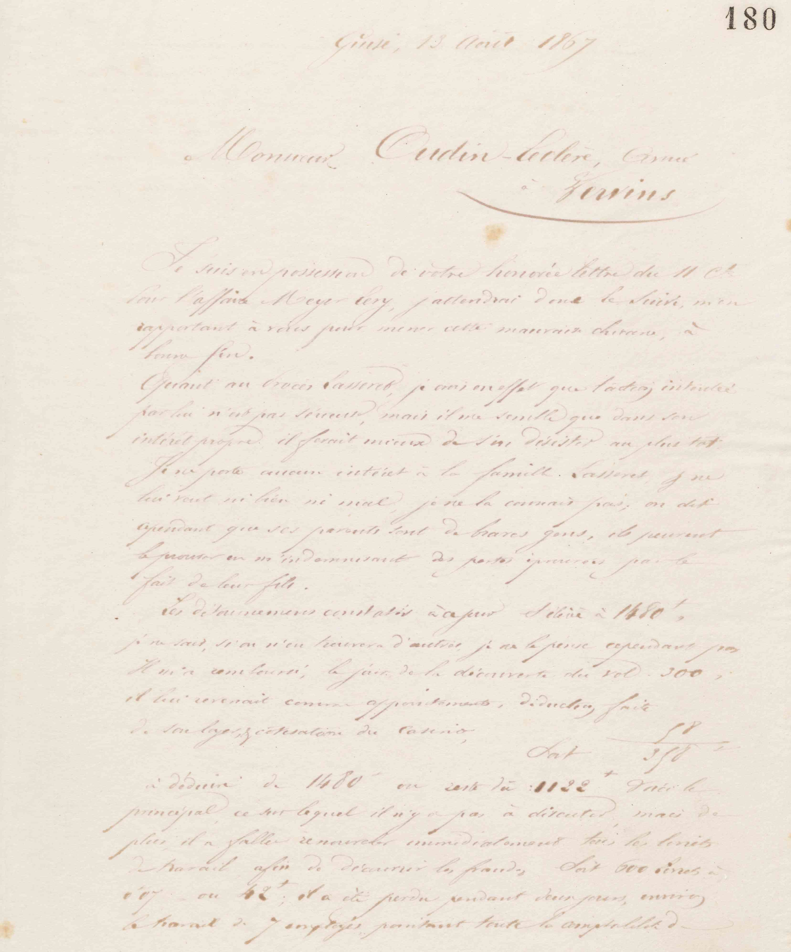 Jean-Baptiste André Godin à Louis Oudin-Leclère, 13 août 1867