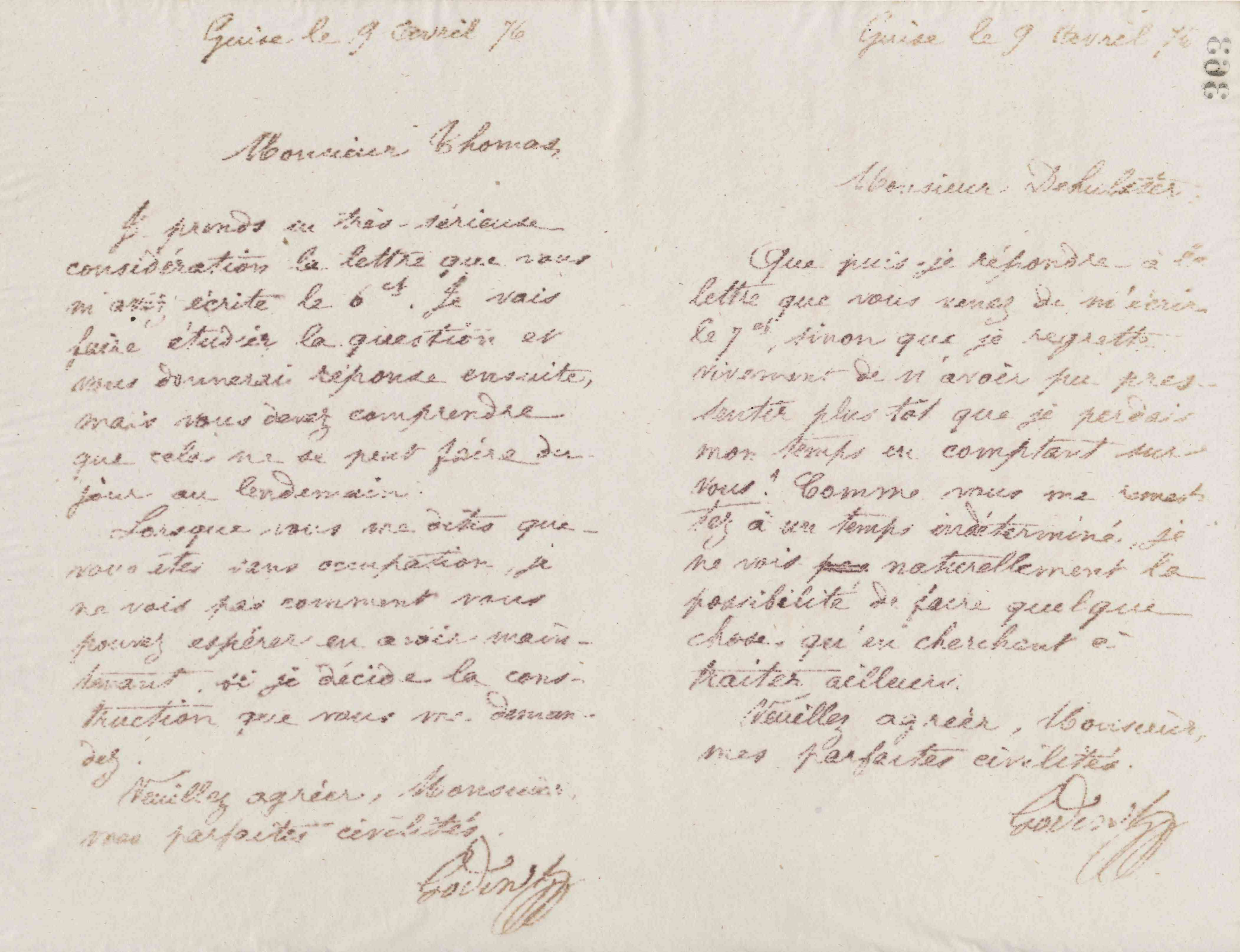 Jean-Baptiste André Godin à monsieur Thomas, 9 avril 1876