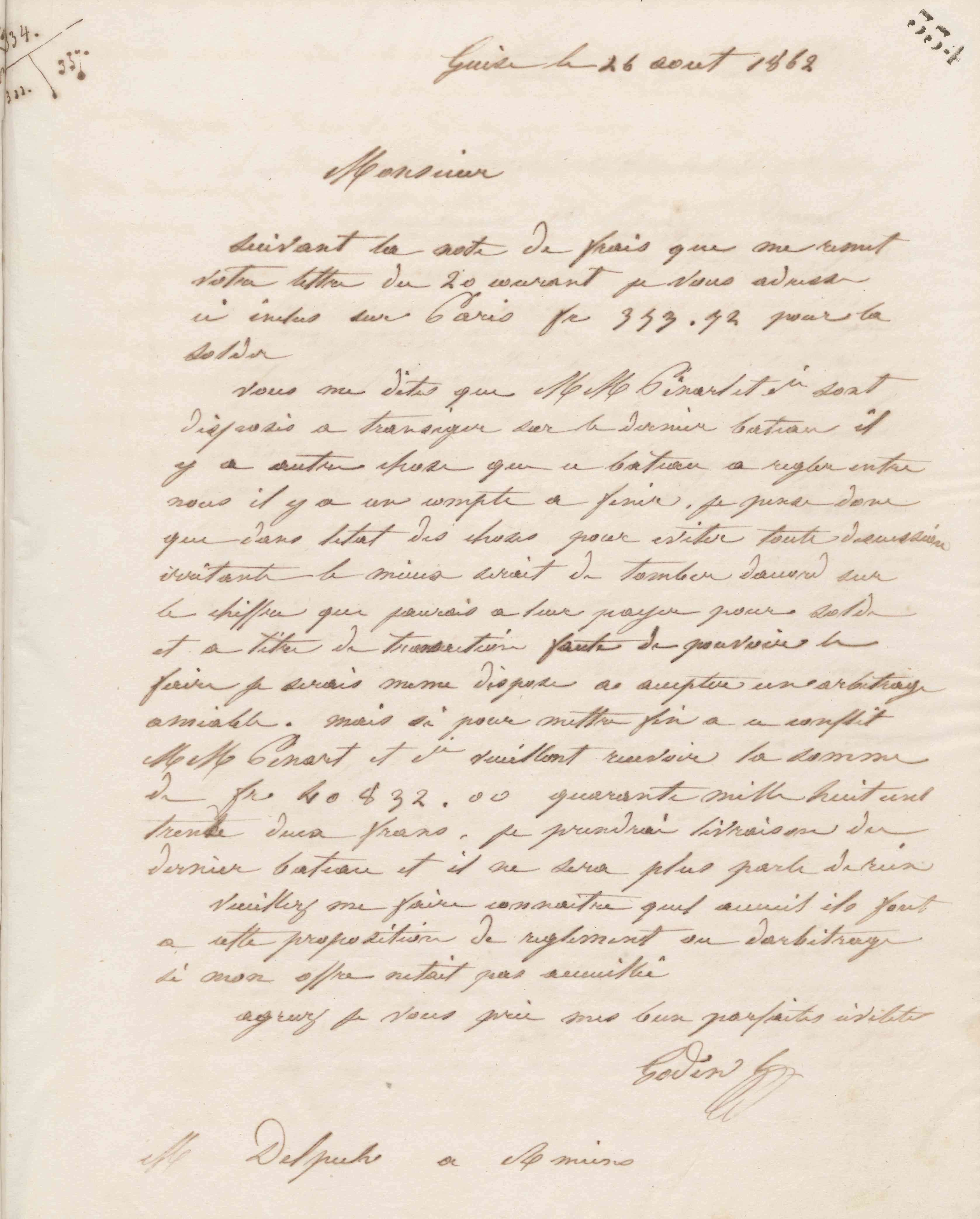 Jean-Baptiste André Godin à Alphonse Delpech, 26 août 1862