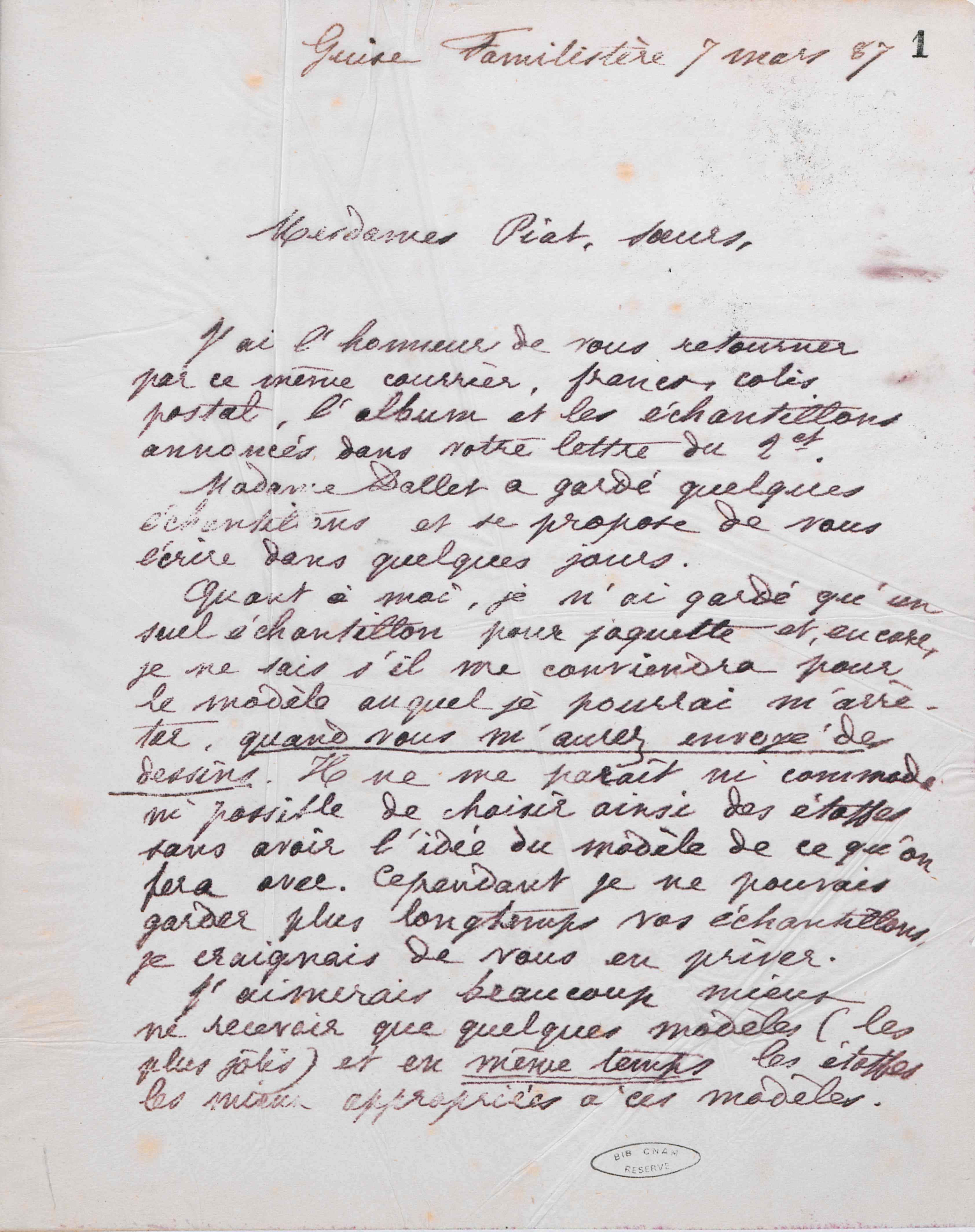 Marie Moret à Piat sœurs, 7 mars 1887 Marie Moret à Piat sœurs, 7 mars 1887