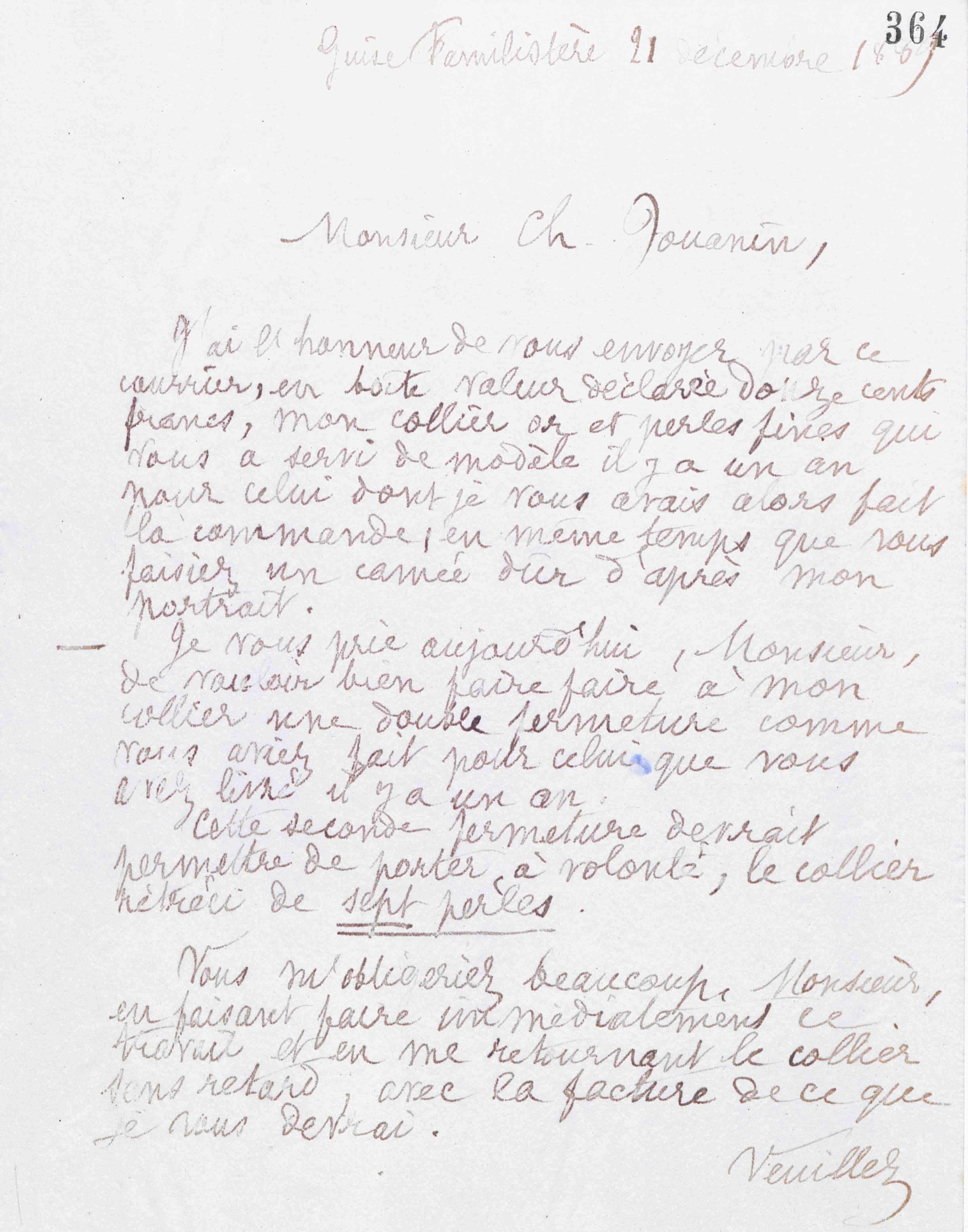 Marie Moret à monsieur Ch. Jouanin, 21 décembre 1889