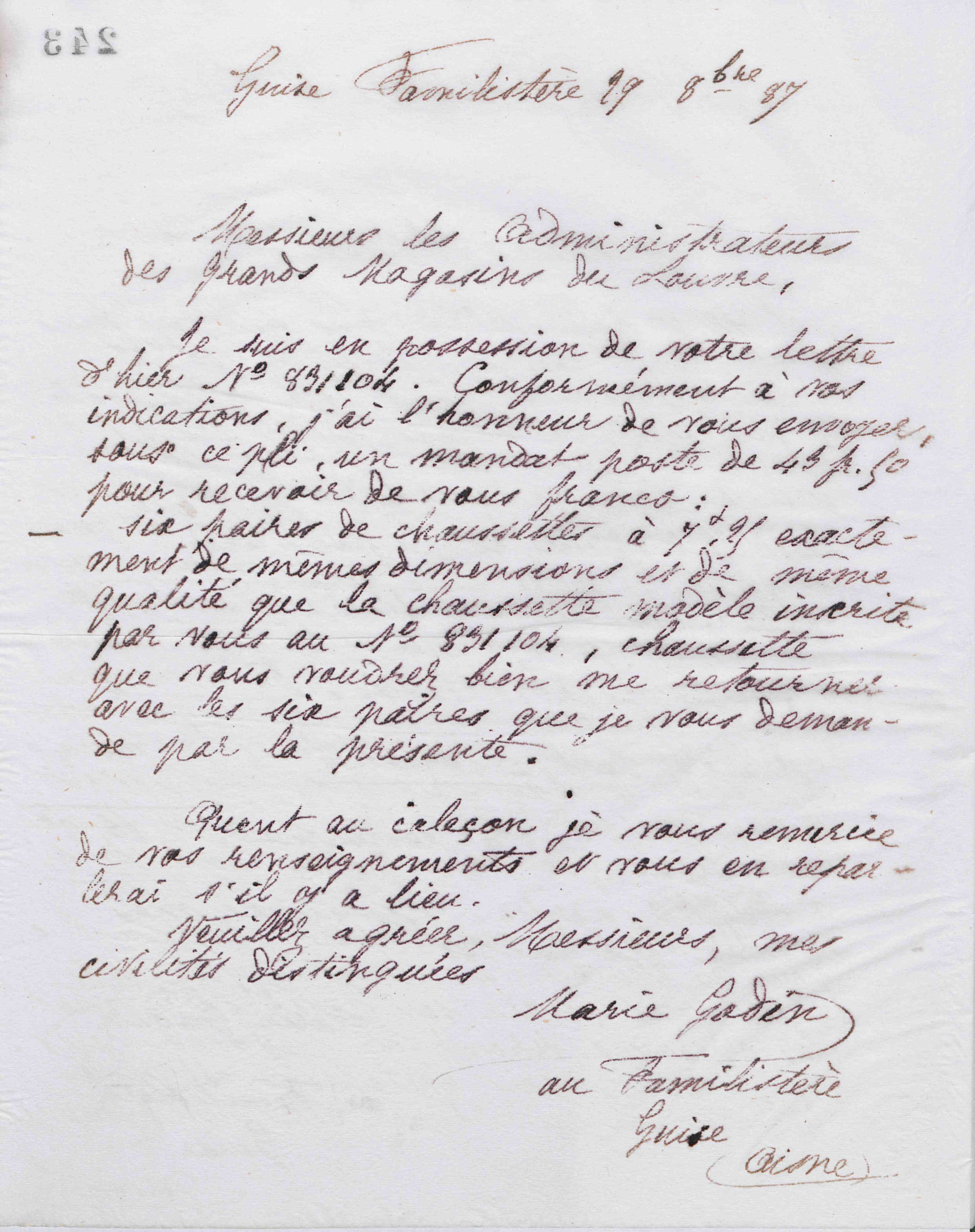 Marie Moret aux administrateurs des Grands magasins du Louvre, 29 octobre 1887