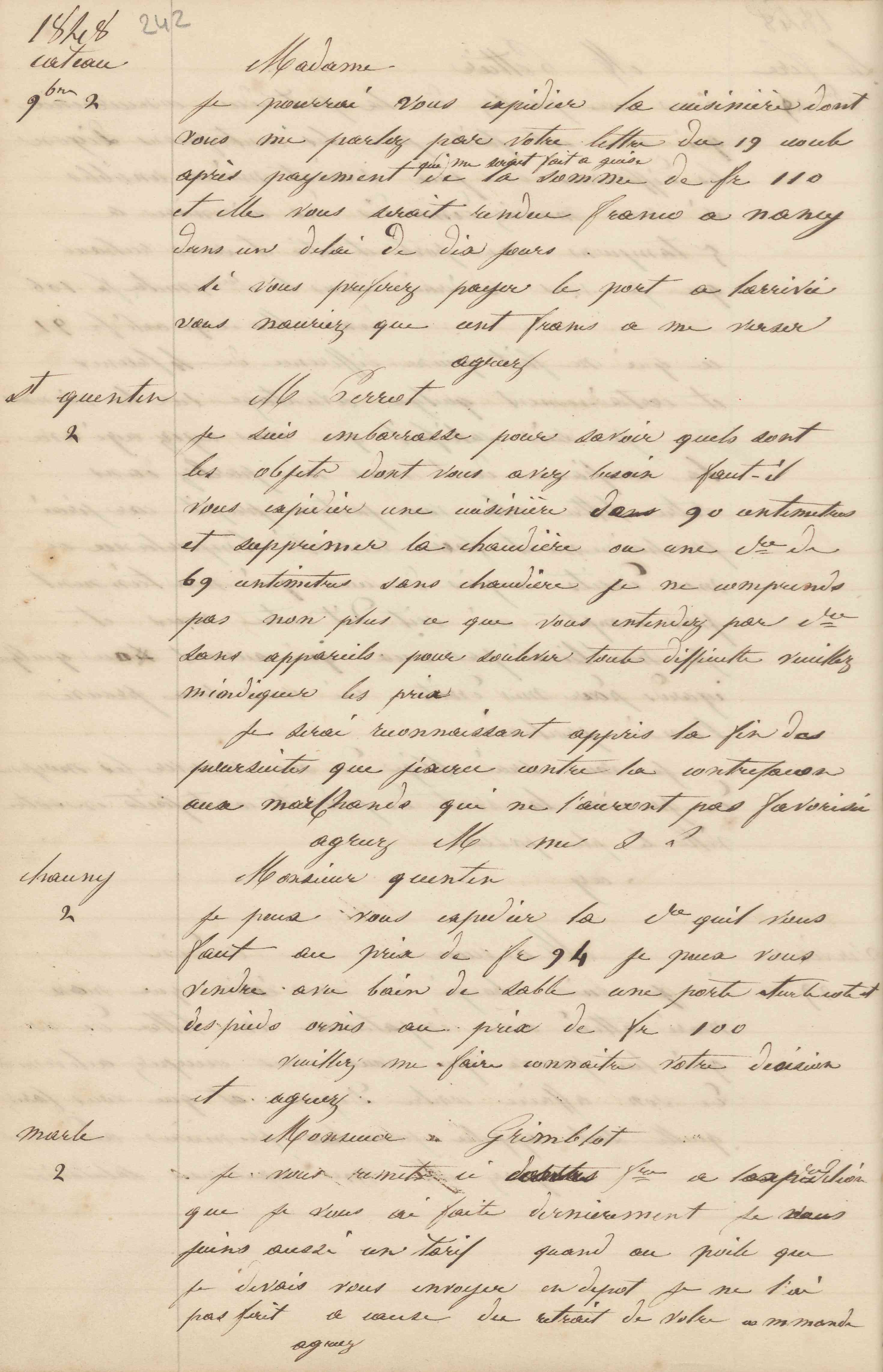Jean-Baptiste André Godin à monsieur Quentin, 2 novembre 1848 Jean-Baptiste André Godin à monsieur Quentin, 2 novembre 1848