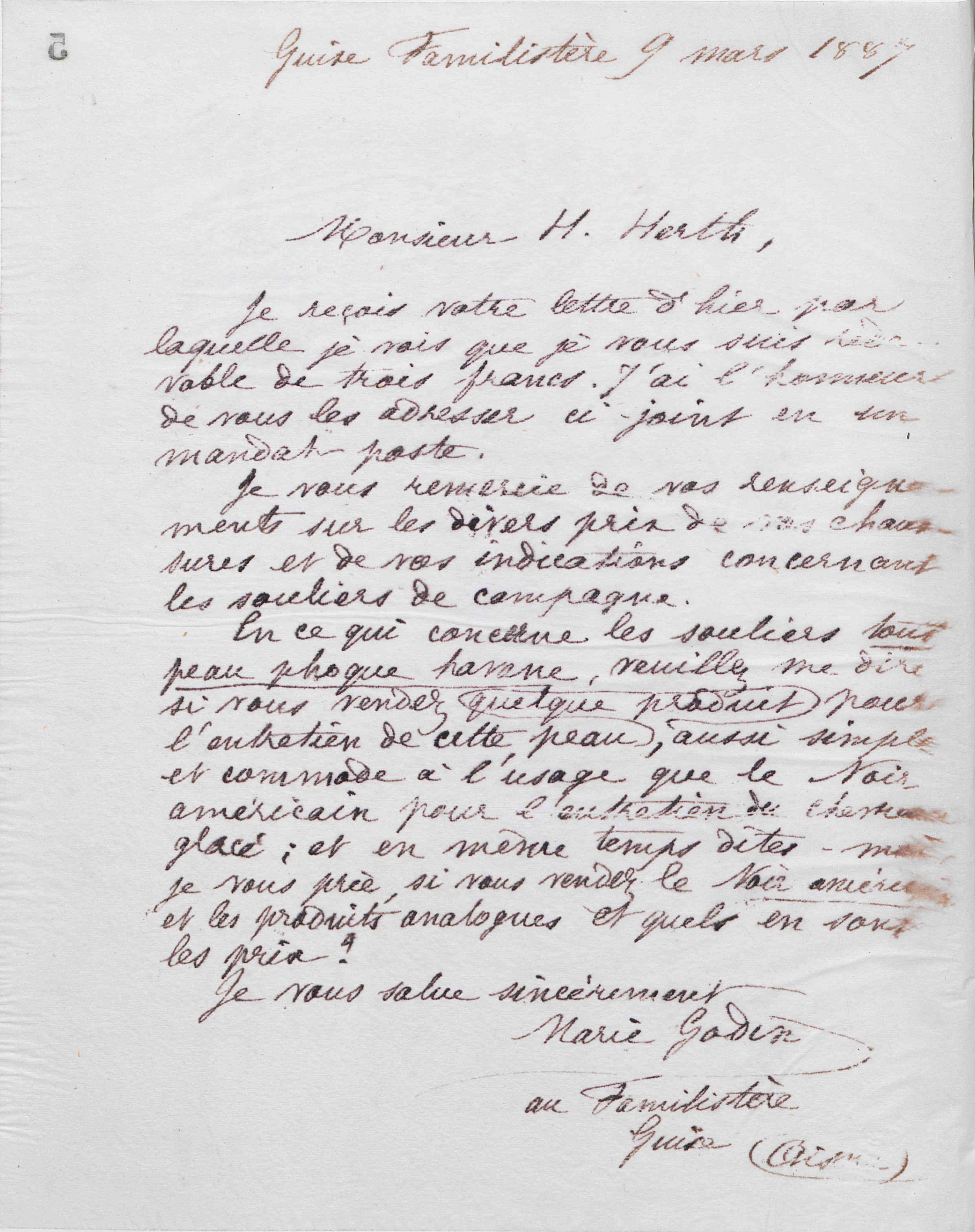Marie Moret à Henry Herth, 9 mars 1887