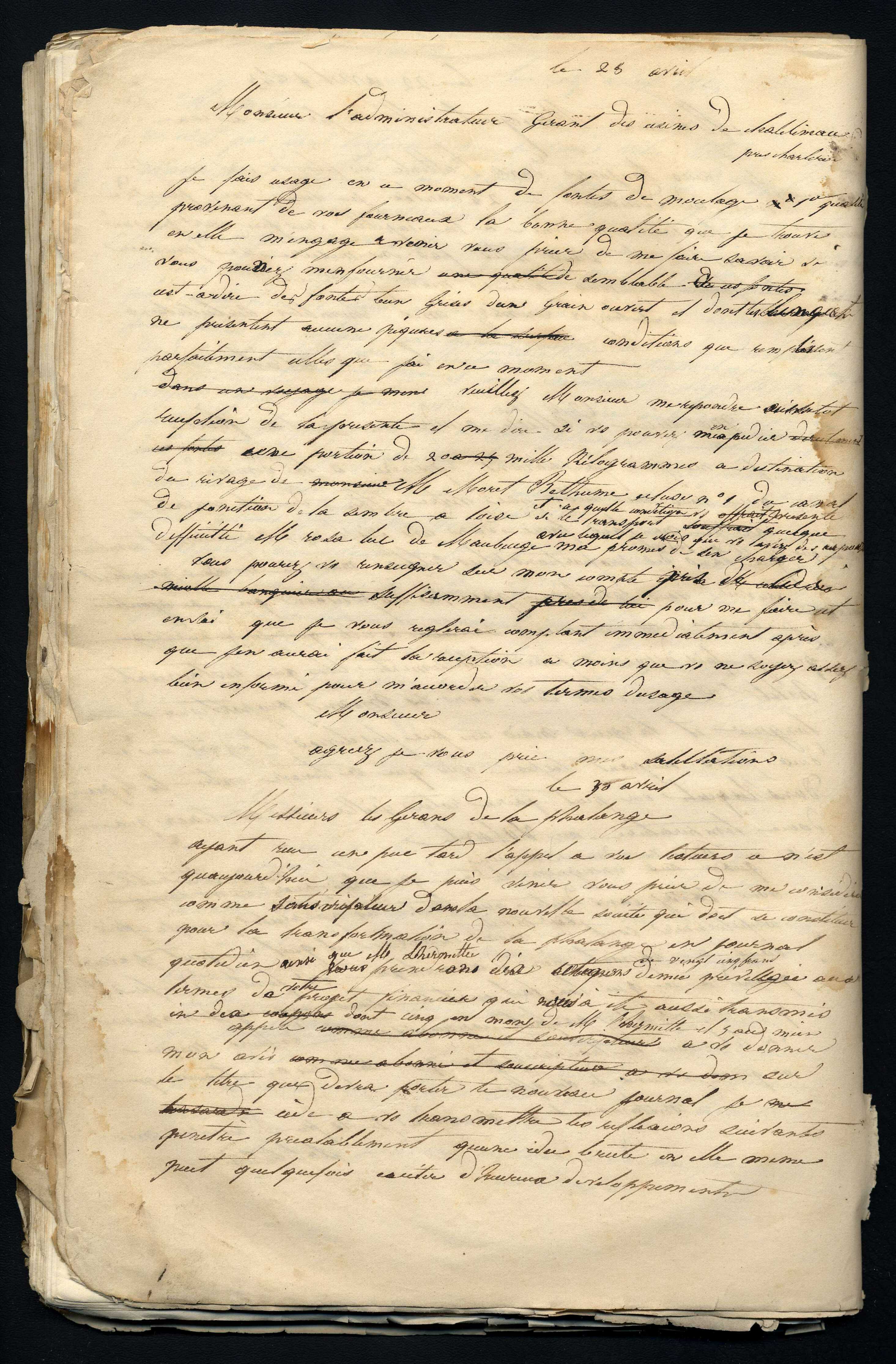 Jean-Baptiste André Godin à l'administrateur-gérant des usines de Châtelineau, 25 avril [1843]