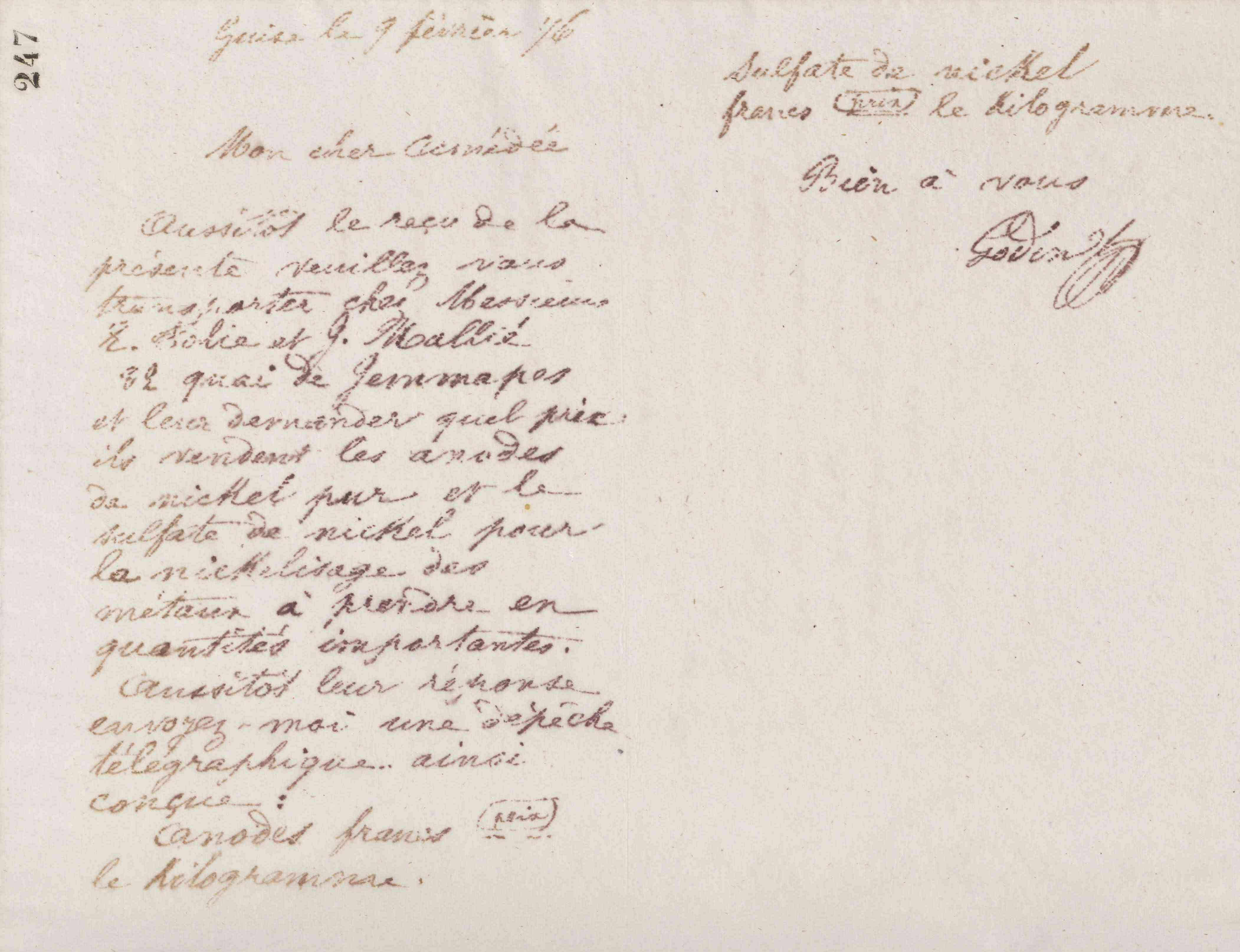 Jean-Baptiste André Godin à Amédée Moret, 9 février 1876