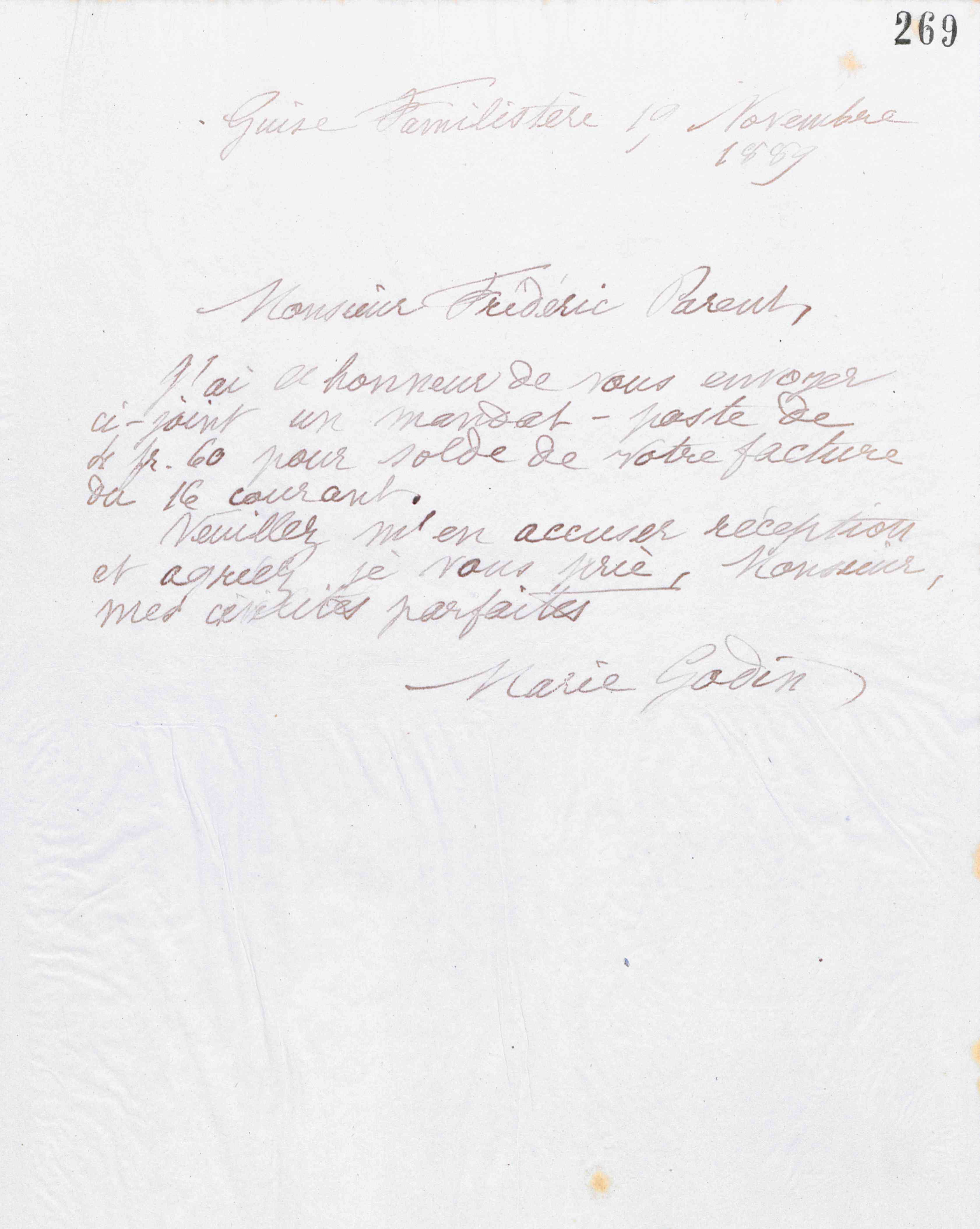 Marie Moret à Frédéric Parent, 19 novembre 1889 Marie Moret à Frédéric Parent, 19 novembre 1889