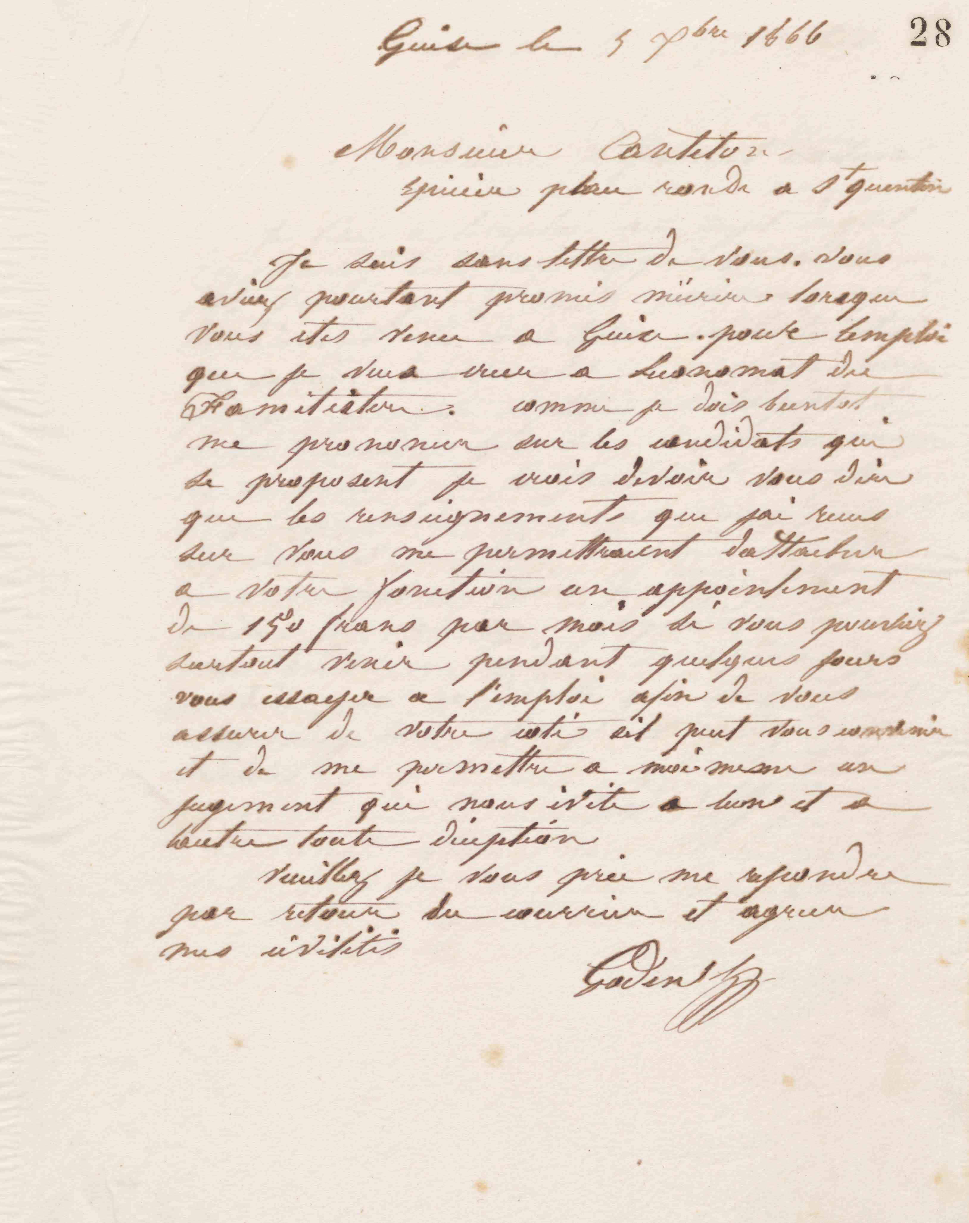 Jean-Baptiste André Godin à monsieur Cantelon, 5 décembre 1866