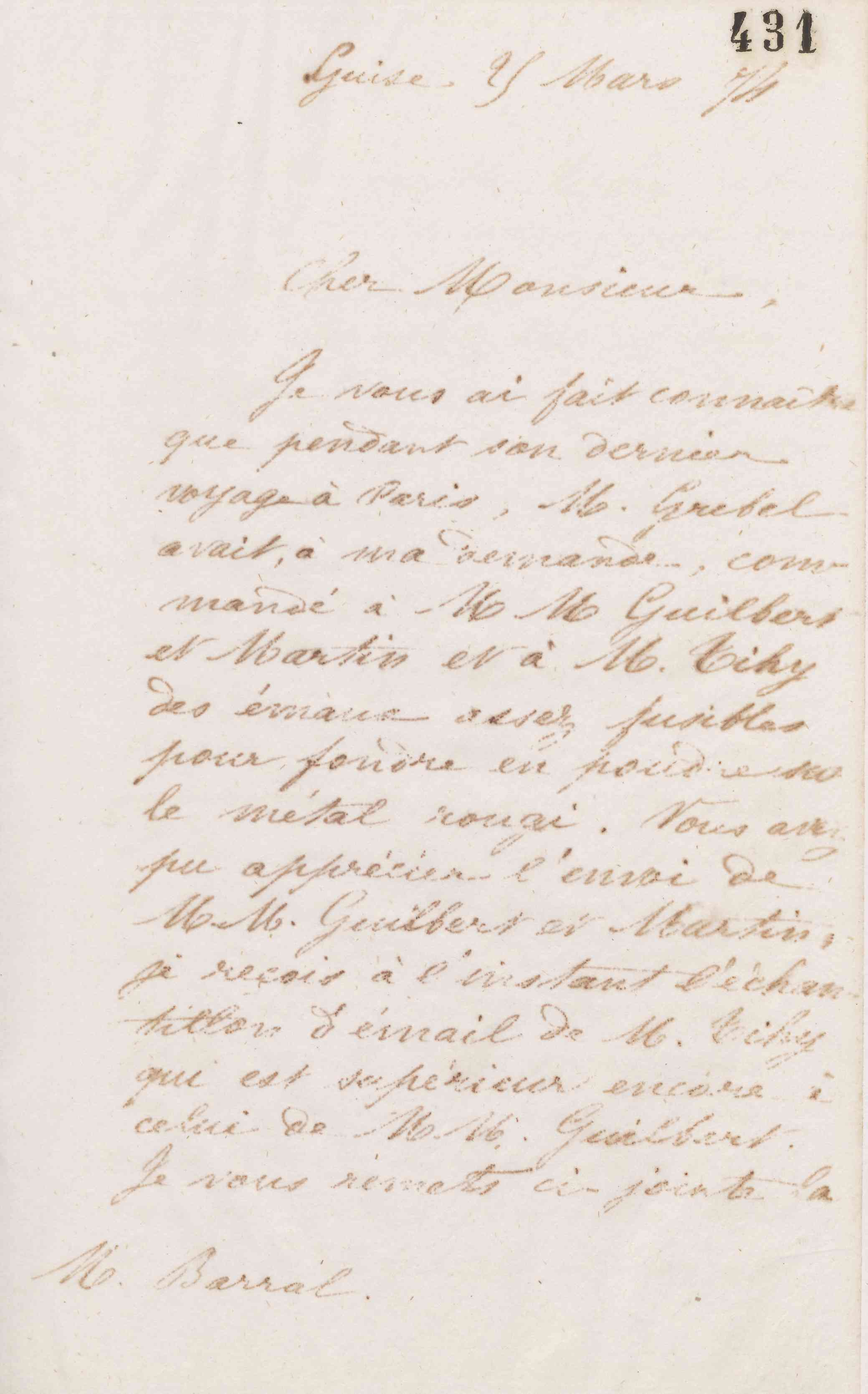 Jean-Baptiste André Godin à Jean-Augustin Barral, 25 mars 1874