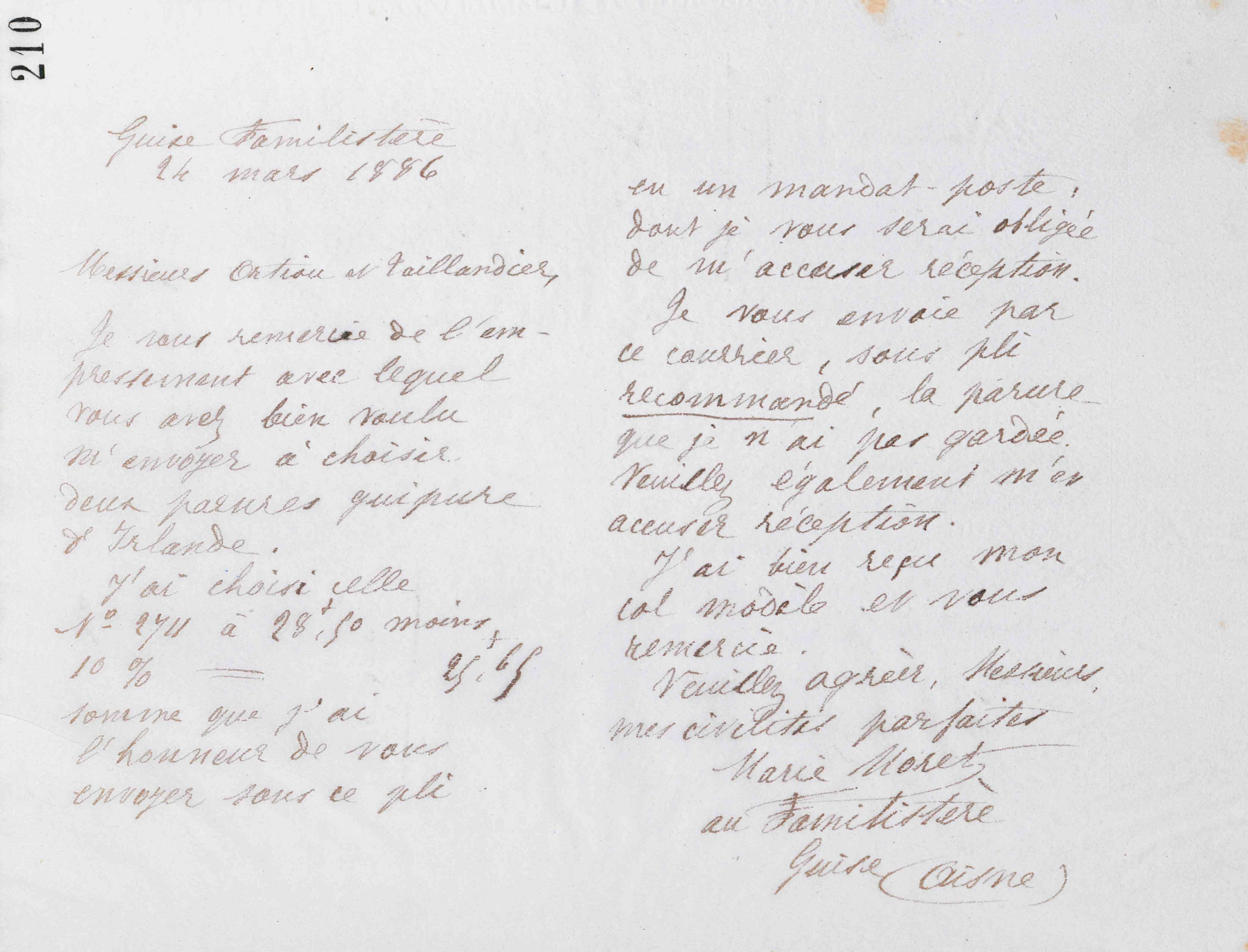 Marie Moret à Ortiou et Taillandier, 24 mars 1886