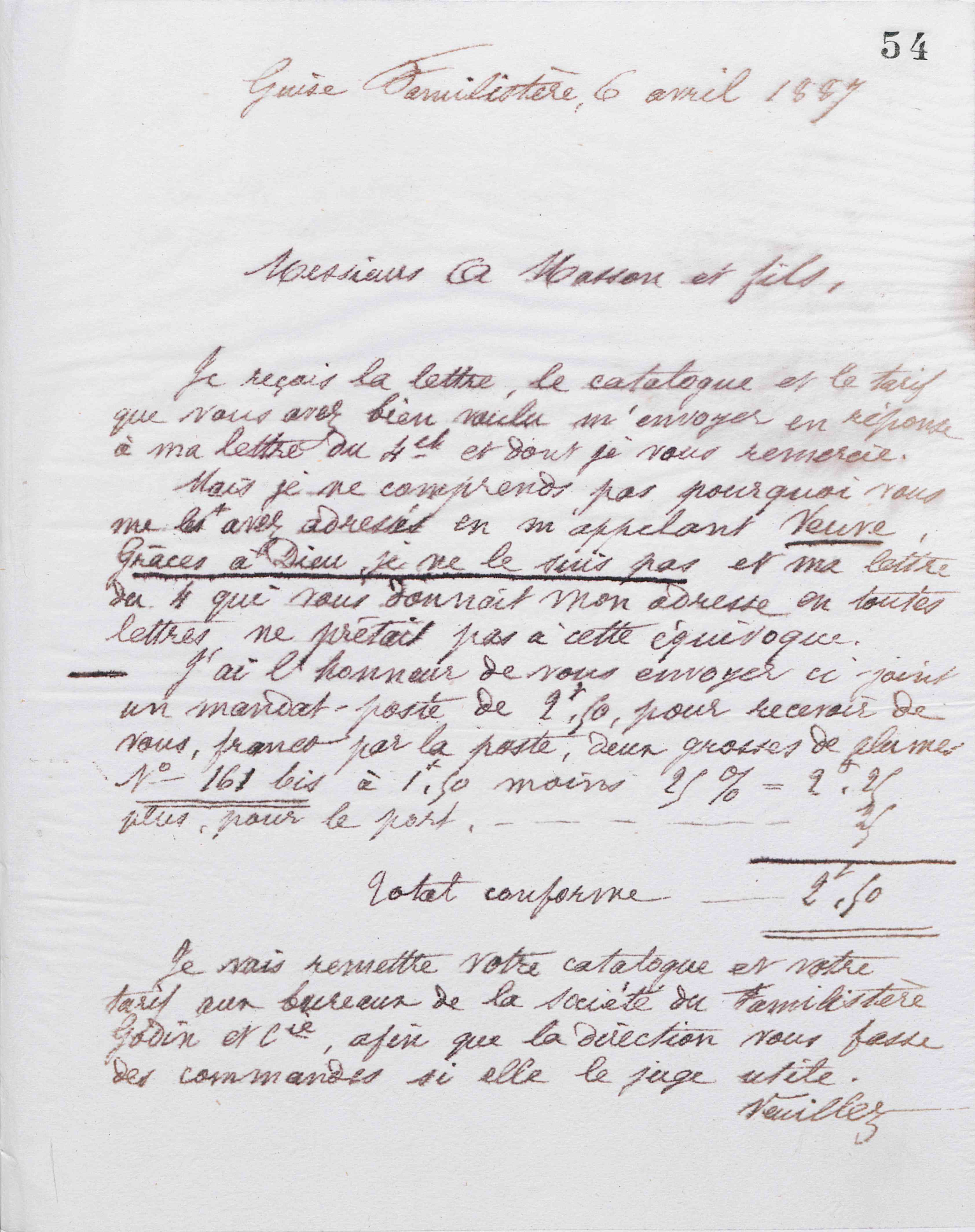 Marie Moret à messieurs A. Masson et fils, 6 avril 1887 Marie Moret à messieurs A. Masson et fils, 6 avril 1887
