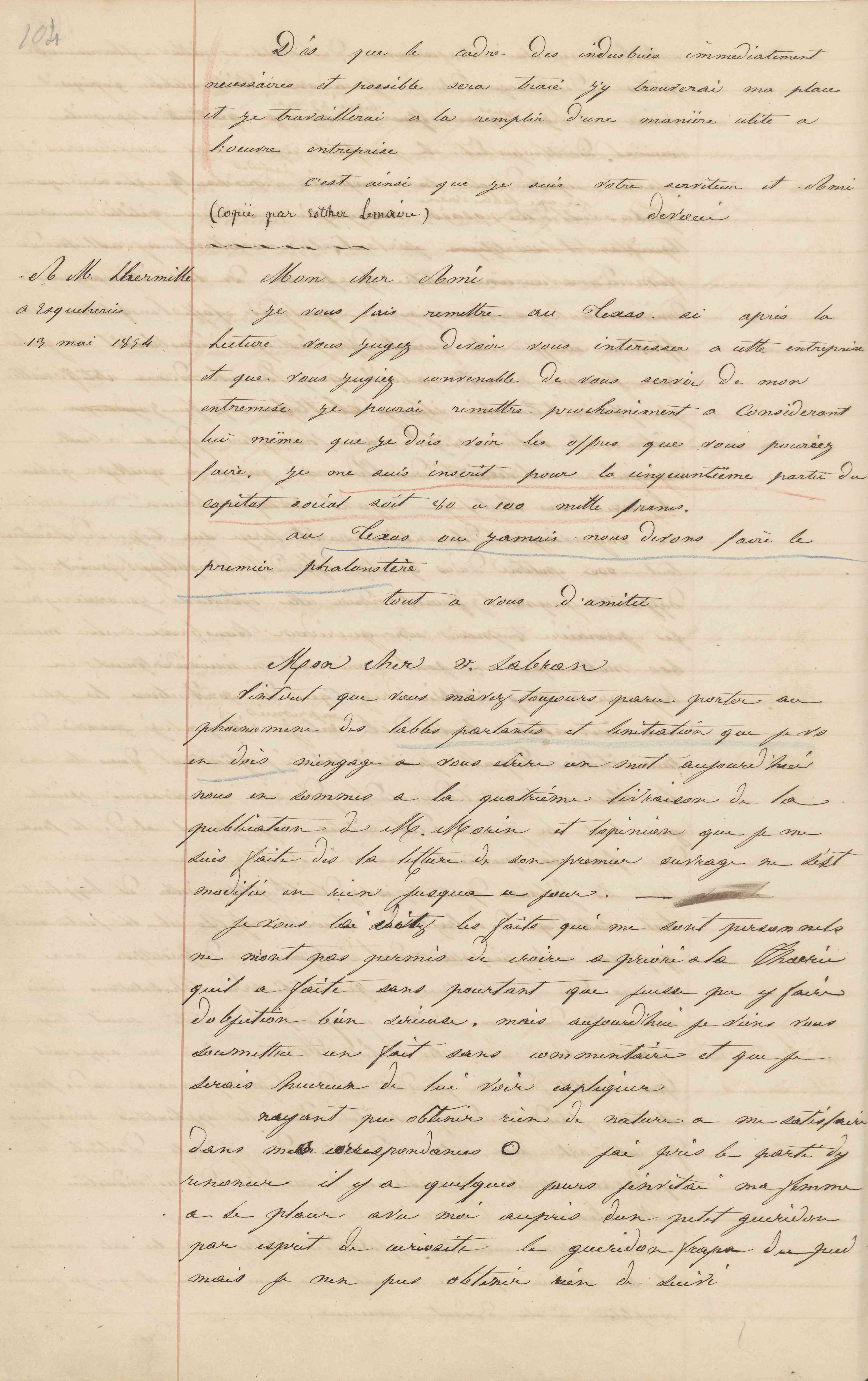 Jean-Baptiste André Godin à monsieur Lhermitte, 13 mai 1854 Jean-Baptiste André Godin à monsieur Lhermitte, 13 mai 1854